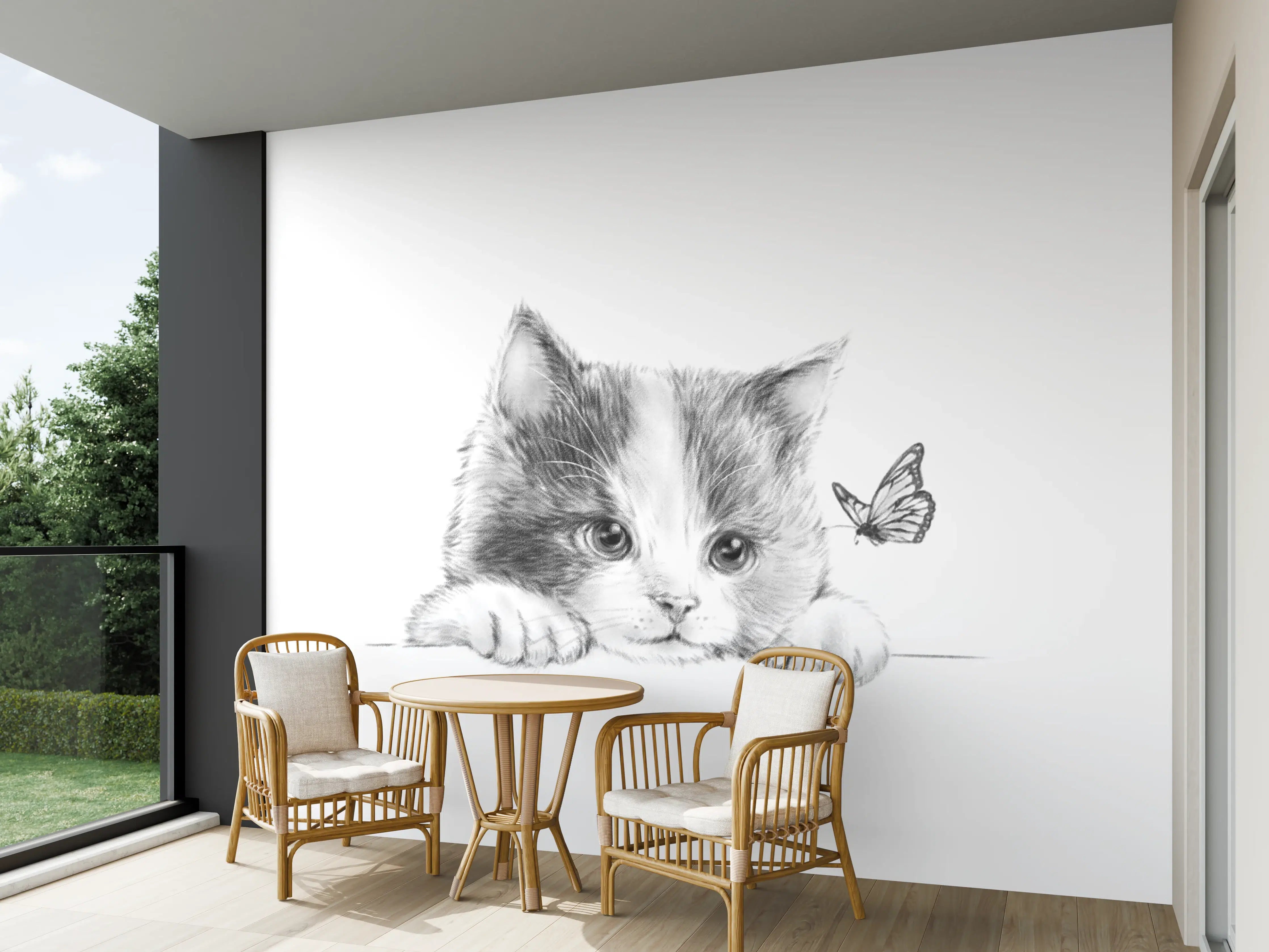 Wandverkleidung außen - Schöner Katzenblick mit Schmetterling