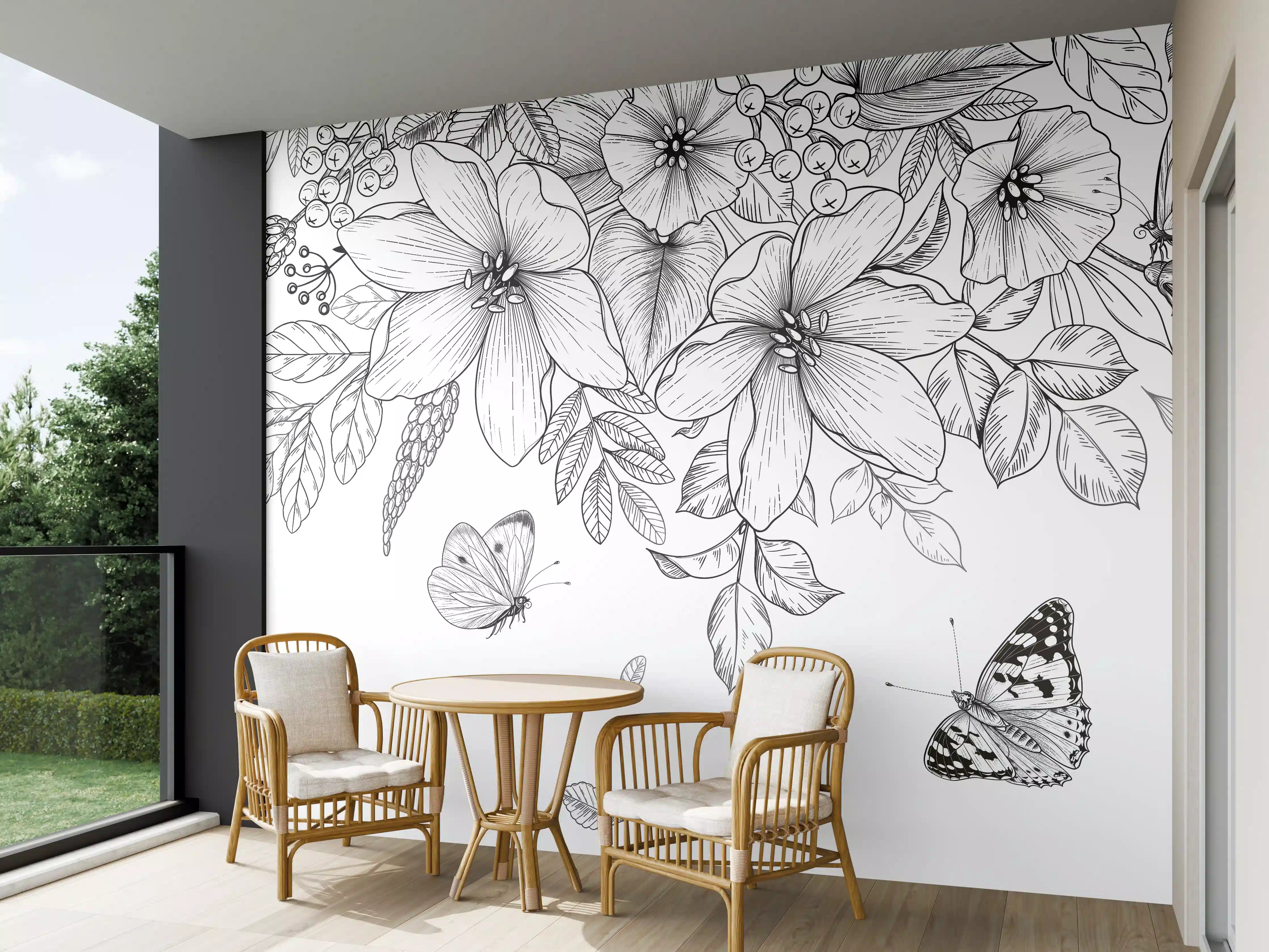 Wandverkleidung außen - Schwarz-Weiß Floralzeichnung