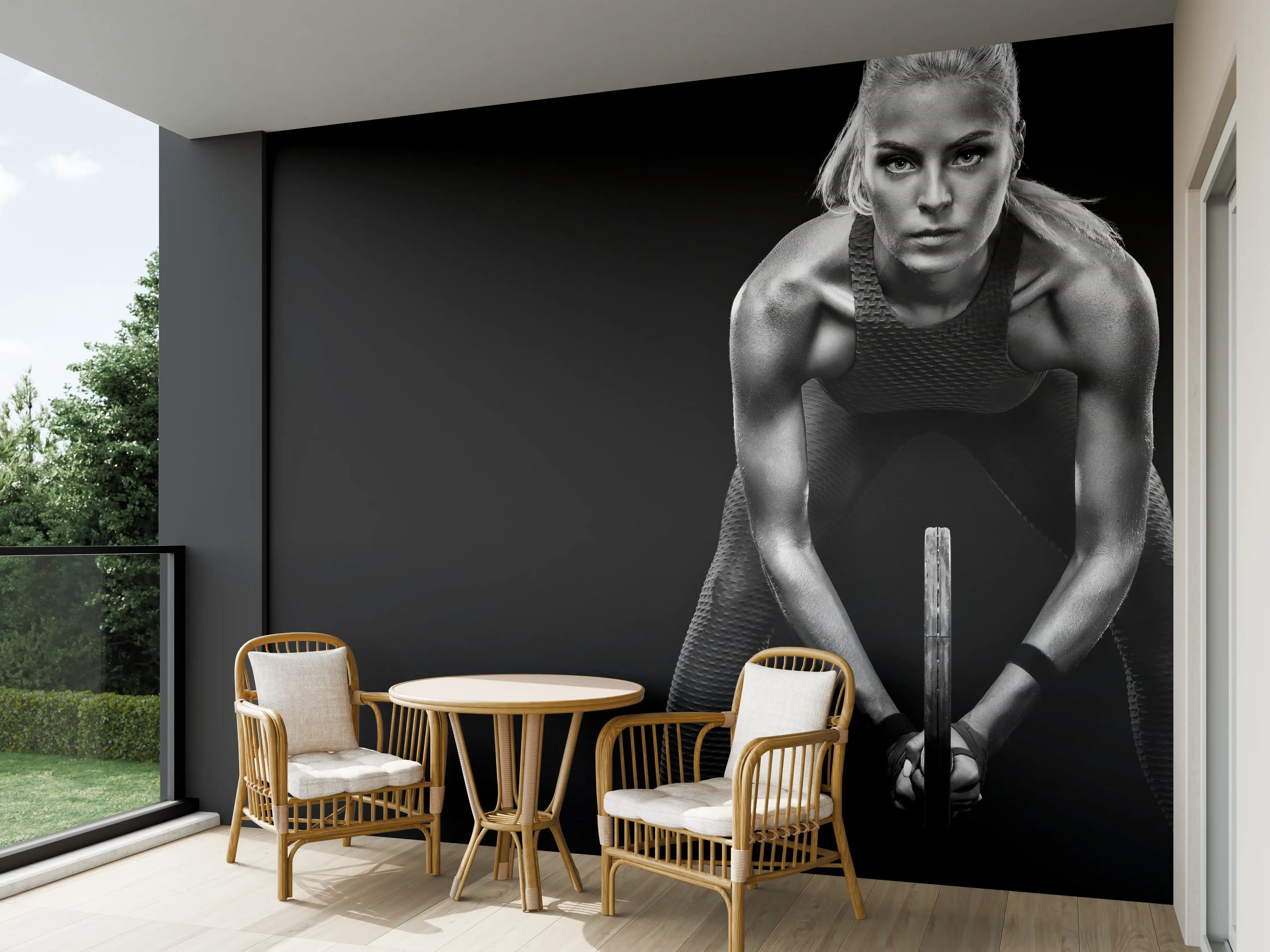 Wandverkleidung außen - Schwarz-weiß Ansicht - Tennisspielerin
