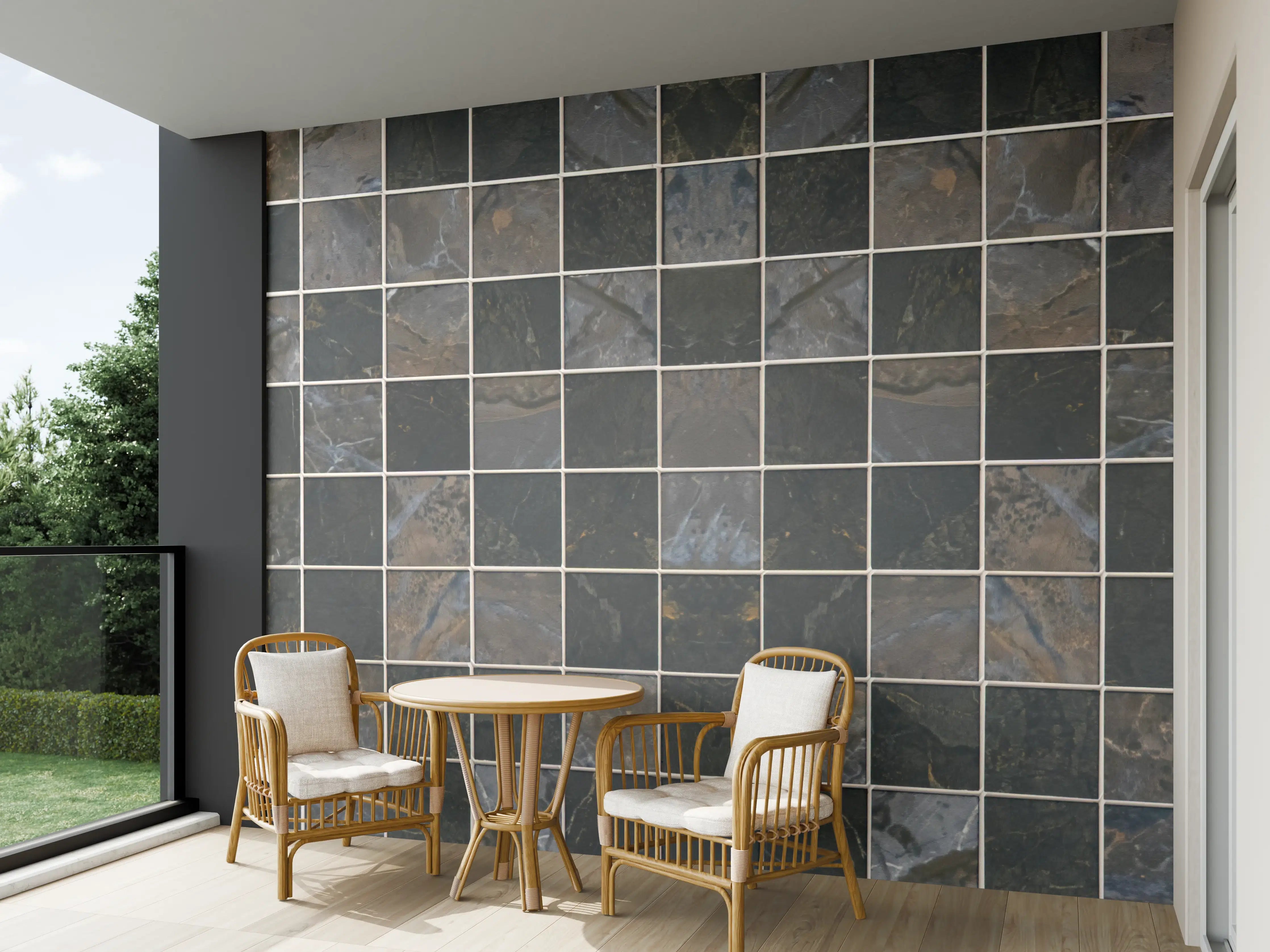 Wandverkleidung außen - Schwarze Marmorfliesen mit grauen Adern