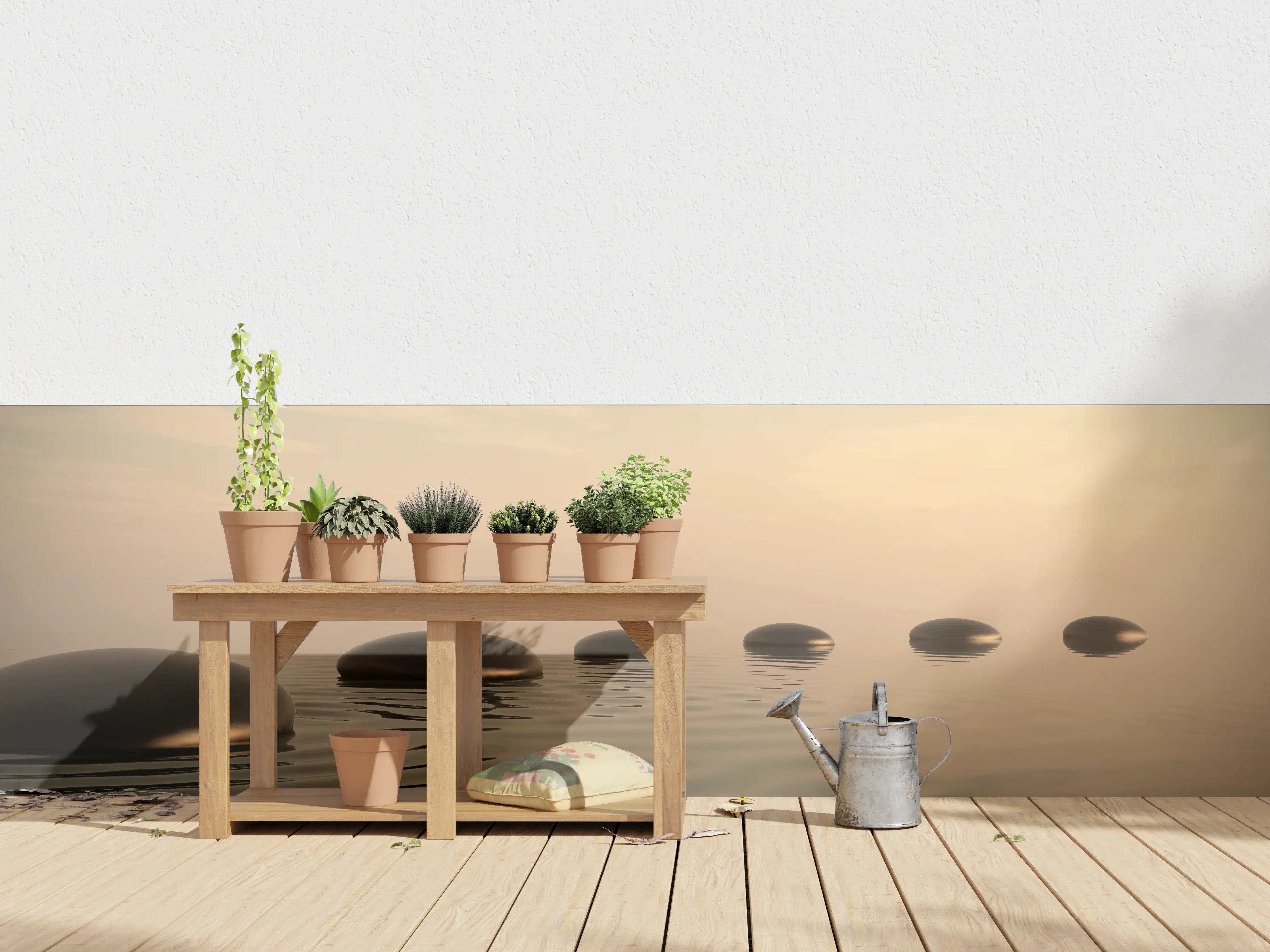 Wandverkleidung außen - Schwarze Zen-Steine auf ruhigem Beige