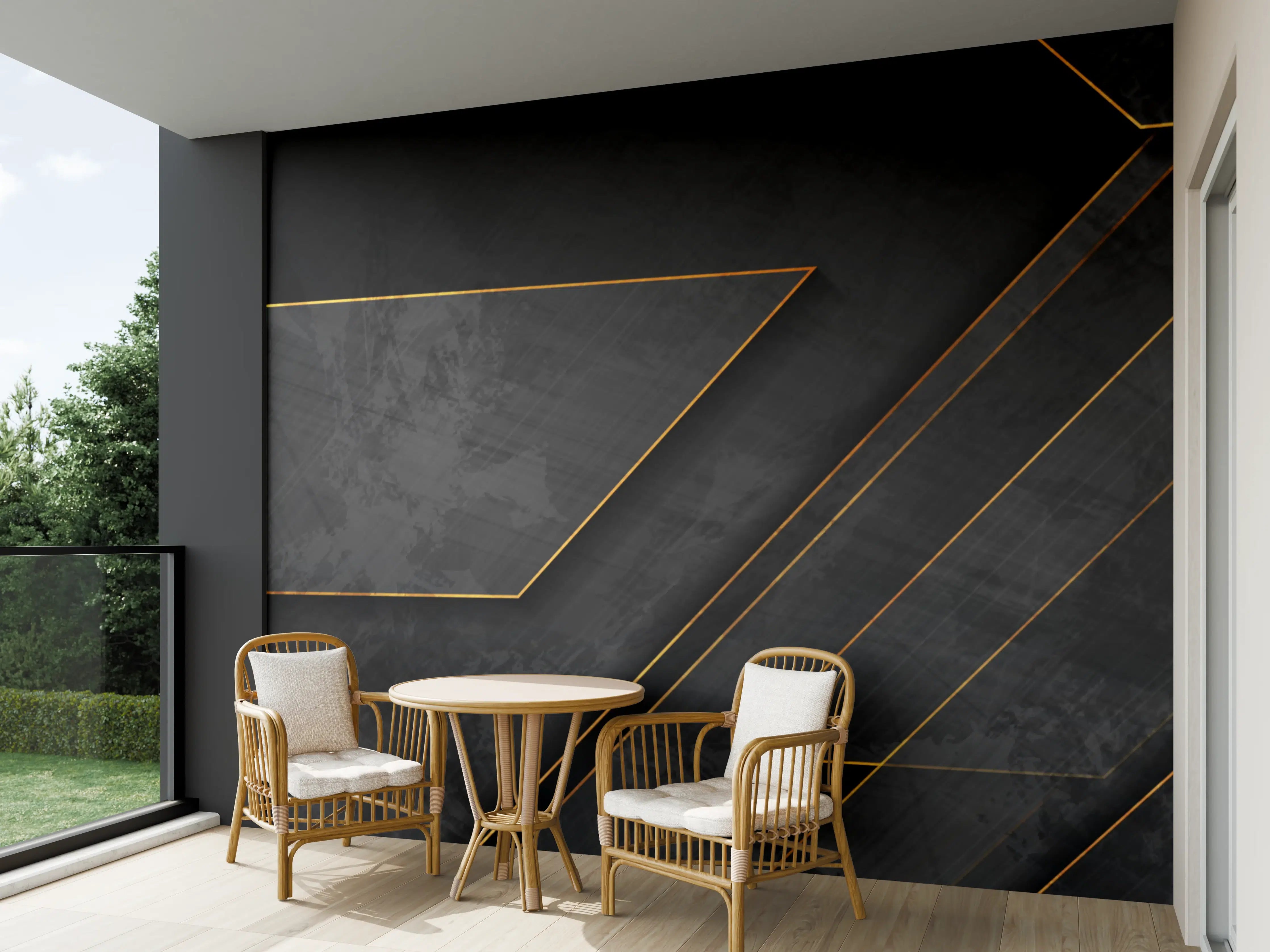 Wandverkleidung außen - Schwarze geometrische Muster mit goldenen Linien