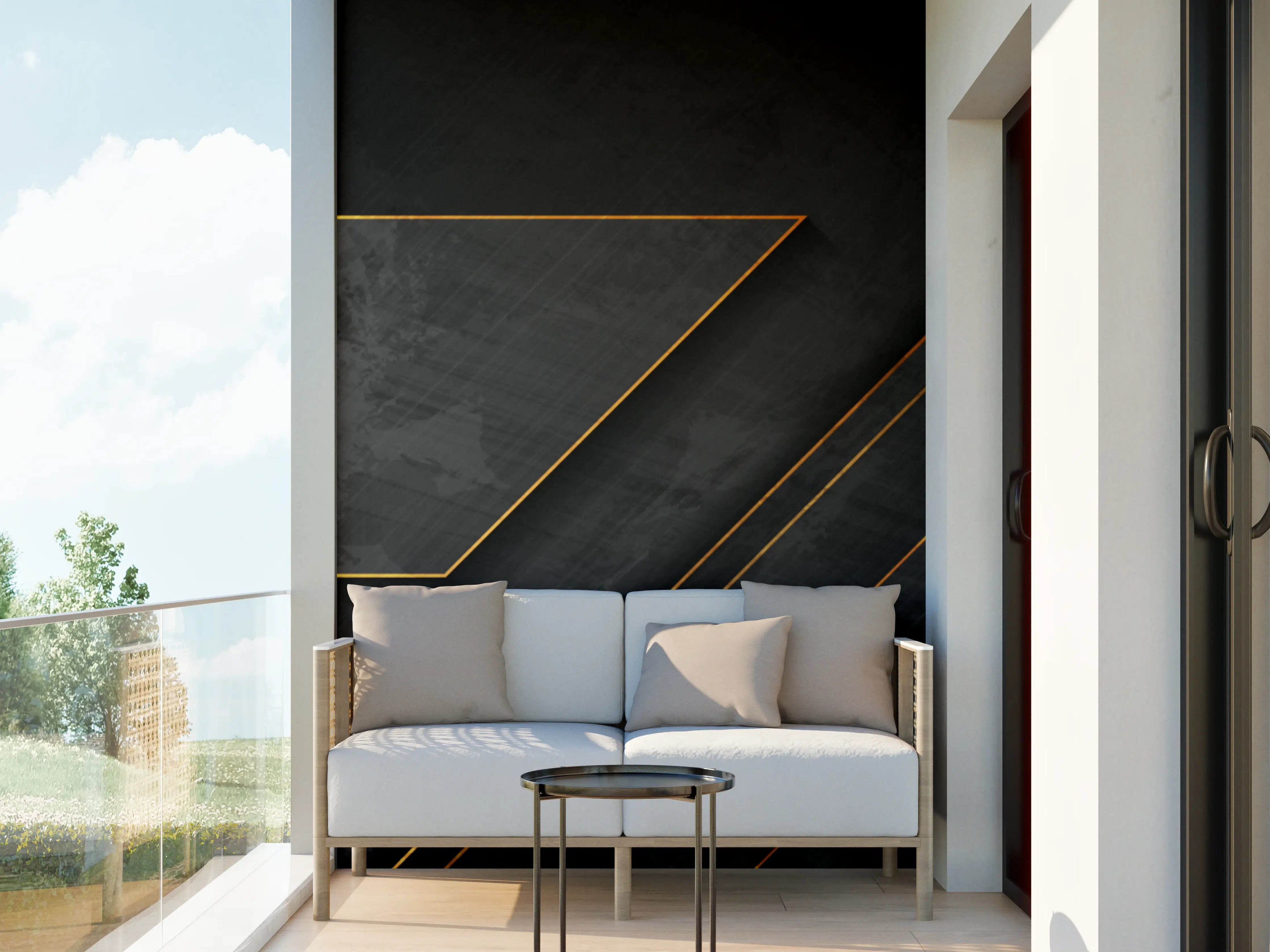 Wandverkleidung außen - Schwarze geometrische Muster mit goldenen Linien