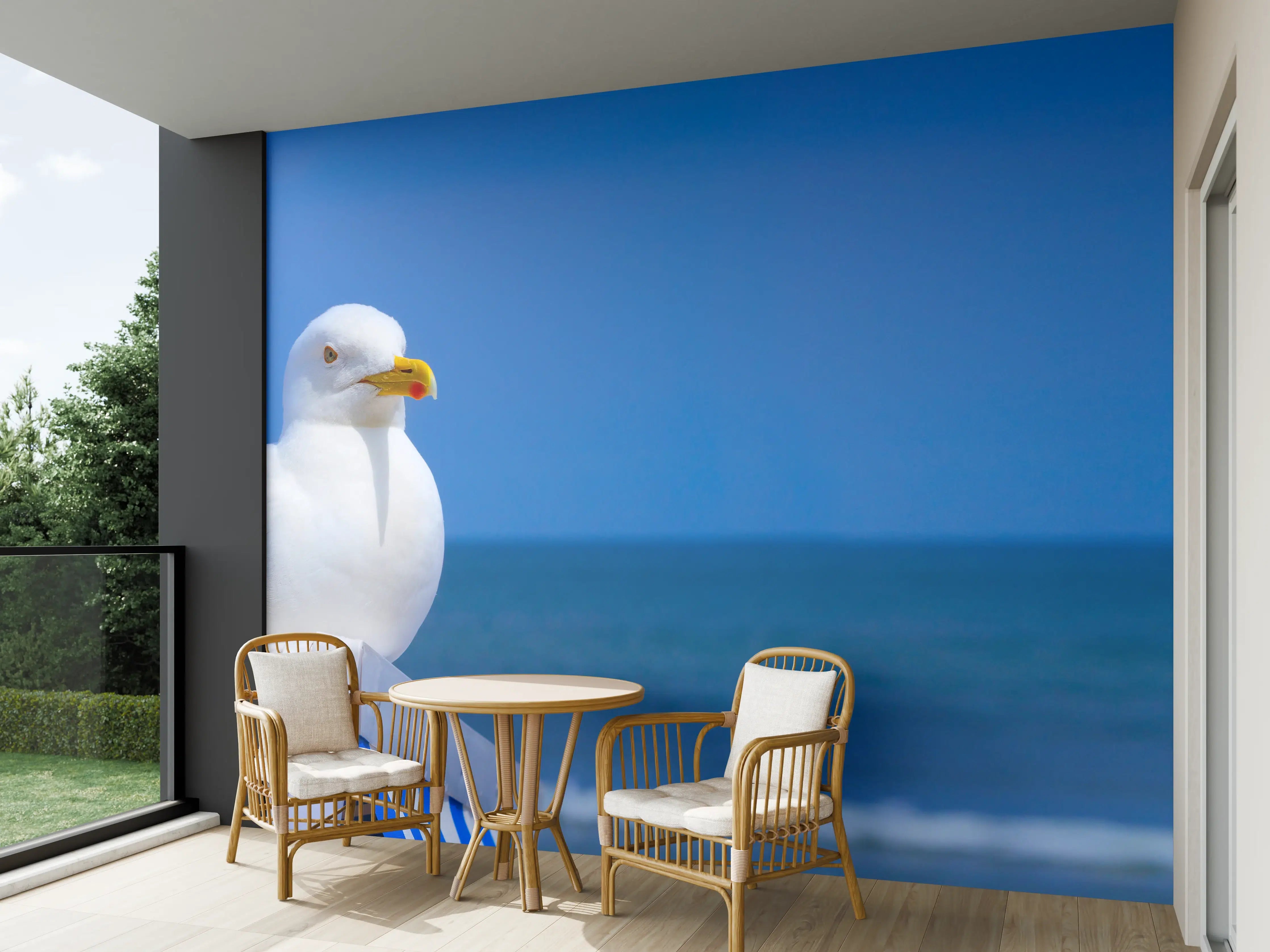 Wandverkleidung außen - Seegull am Strand mit blauem Hintergrund