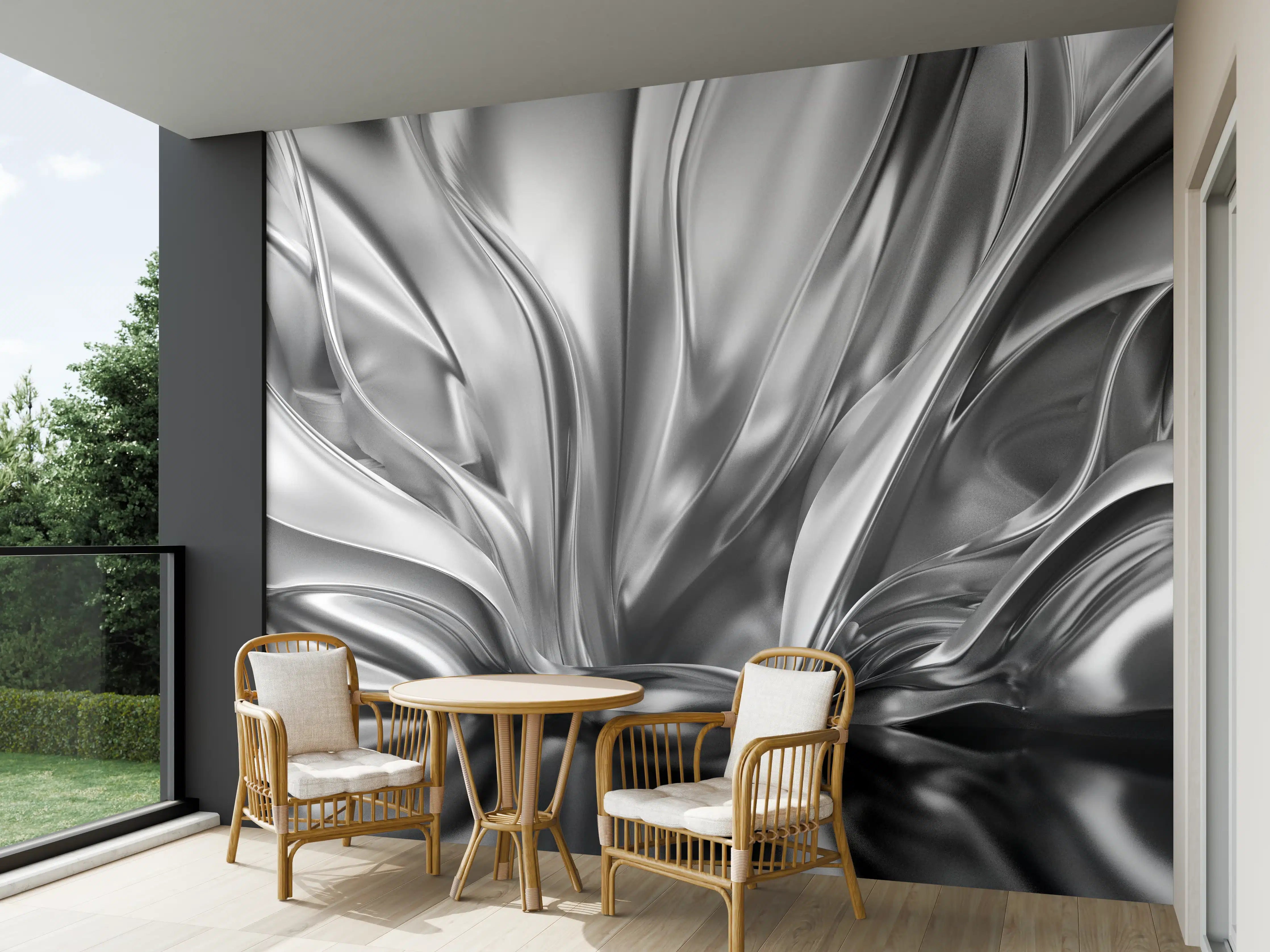 Wandverkleidung außen - Silberne Metalltextur mit fließendem Design