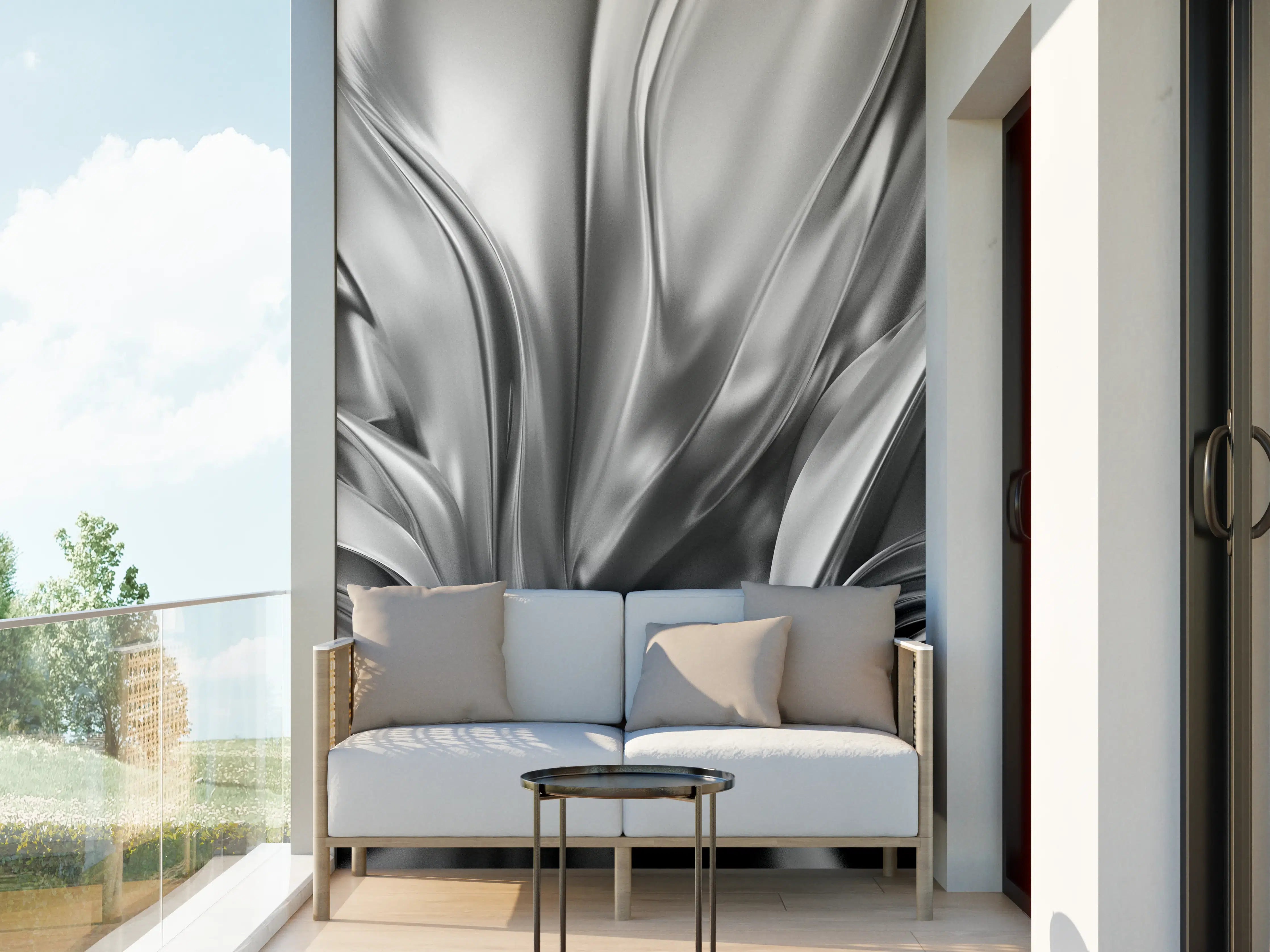 Wandverkleidung außen - Silberne Metalltextur mit fließendem Design