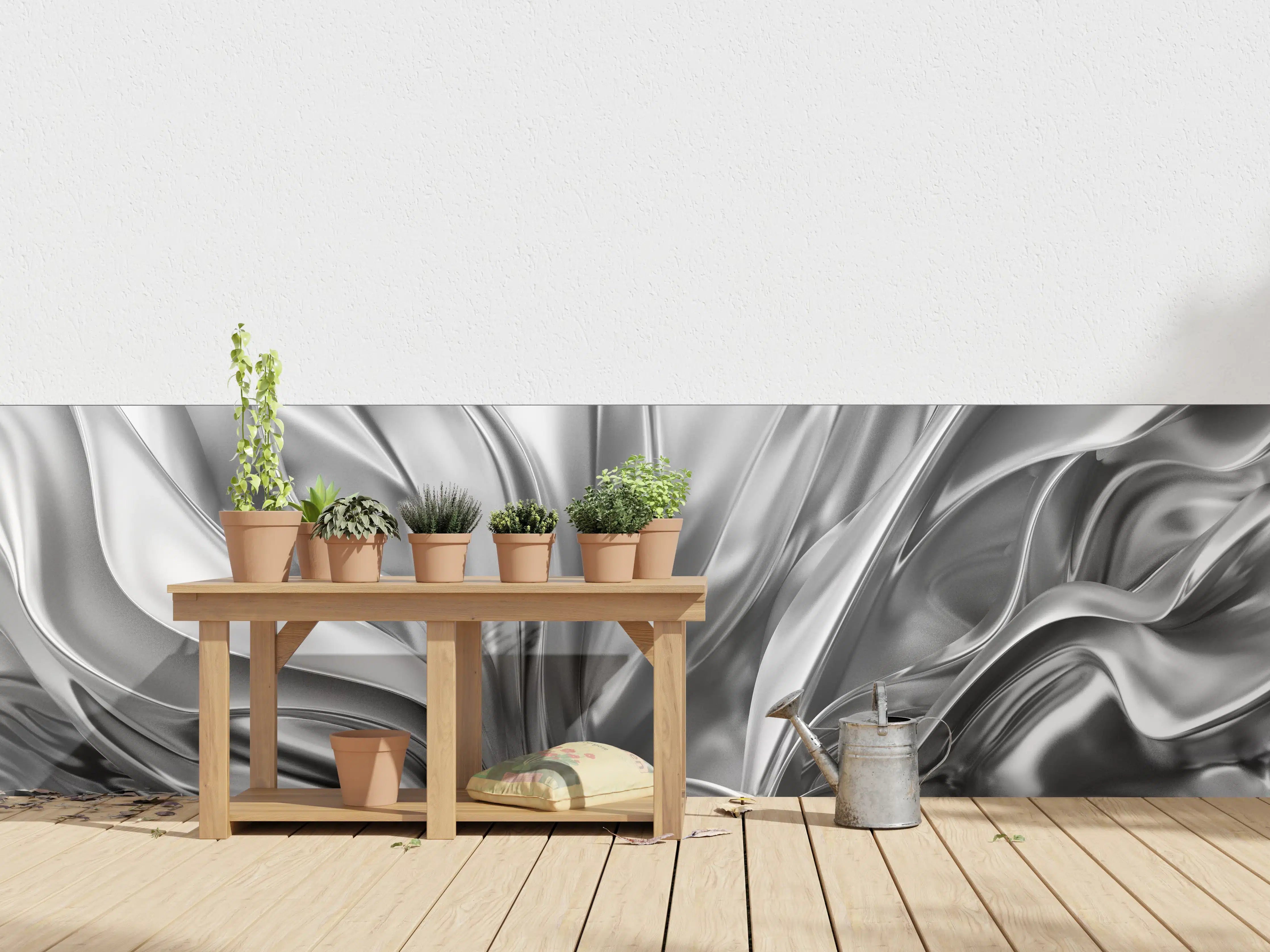 Wandverkleidung außen - Silberne Metalltextur mit fließendem Design