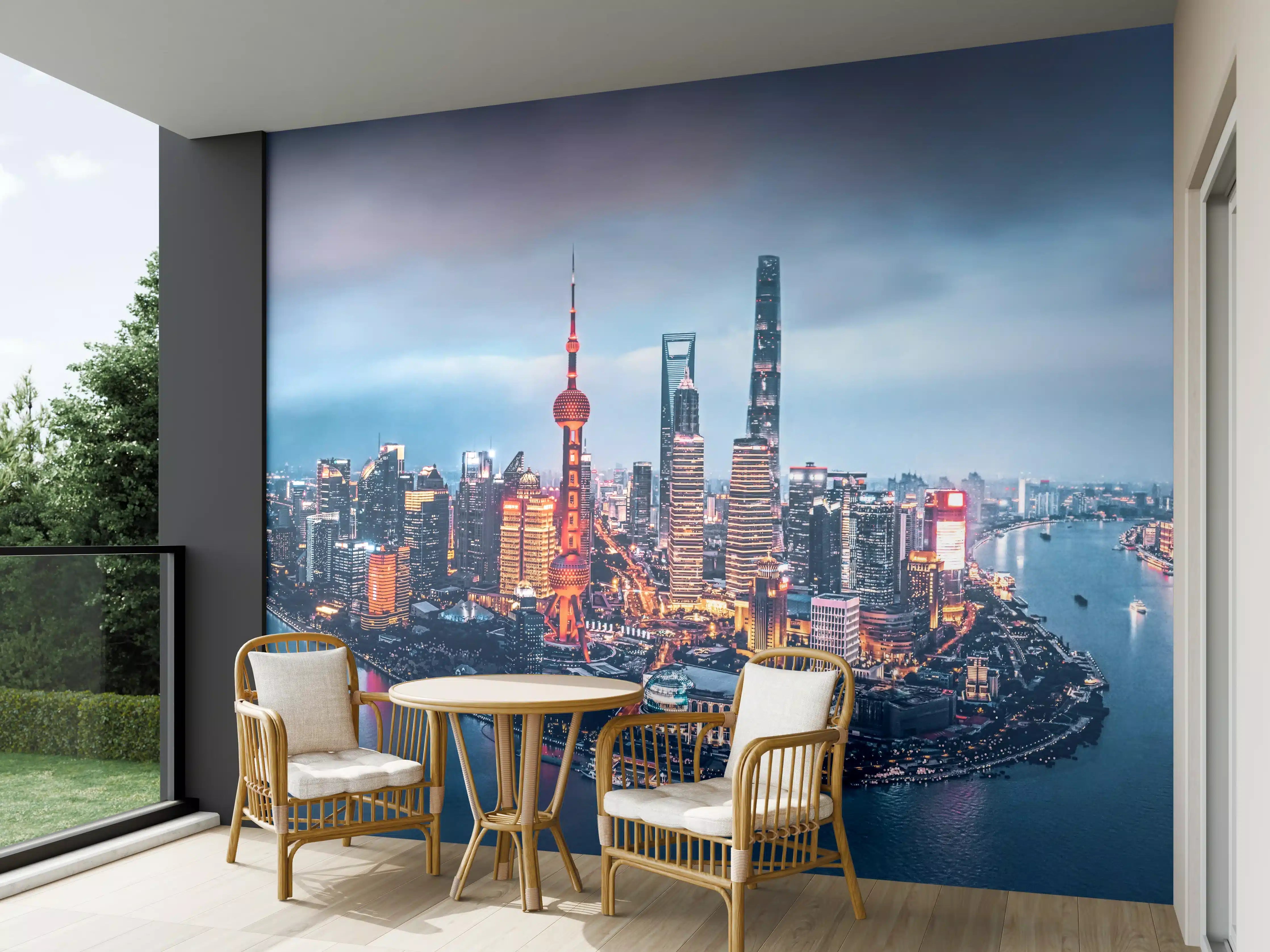 Wandverkleidung außen - Skyline von Shanghai bei Nacht