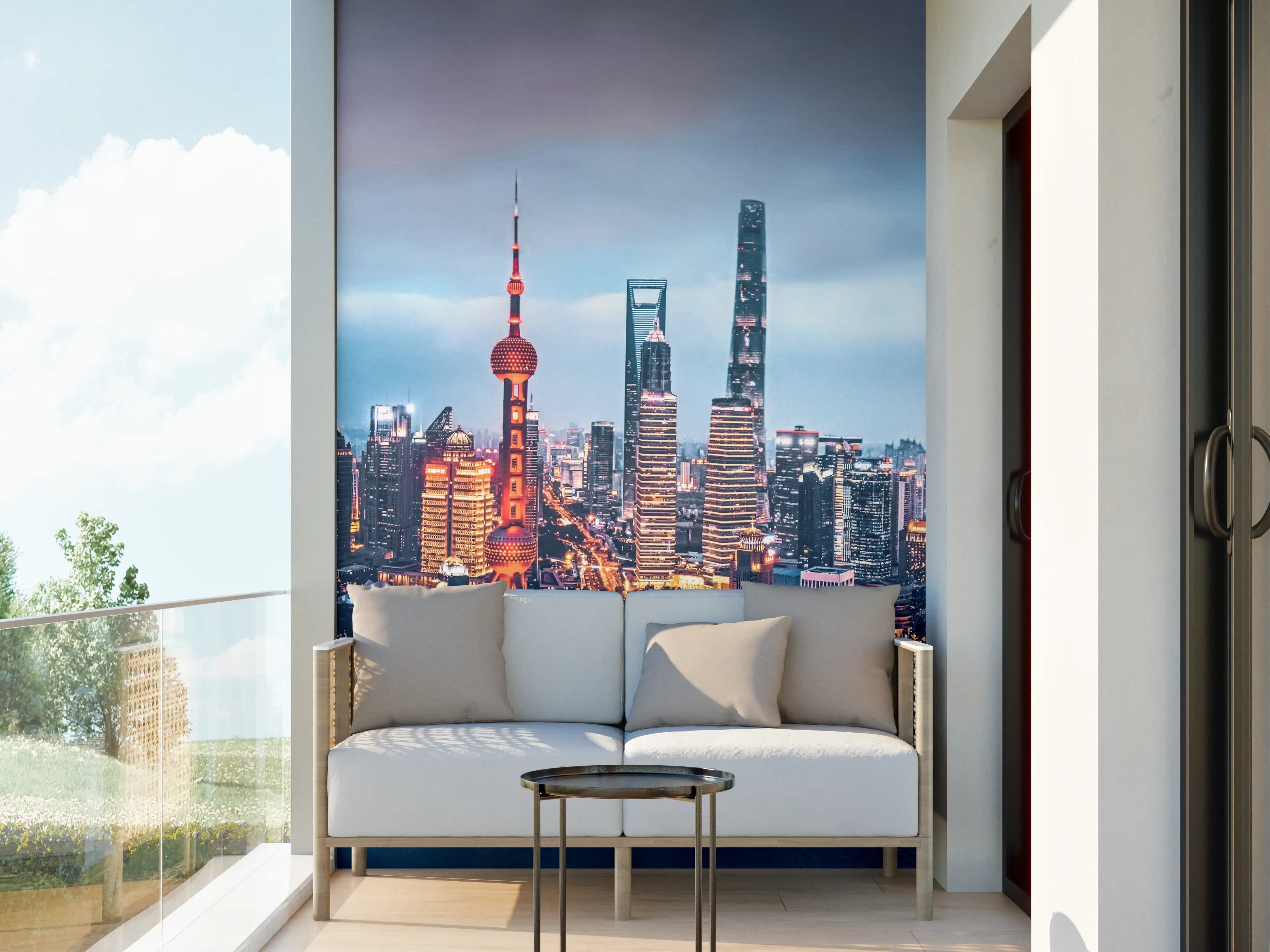 Wandverkleidung außen - Skyline von Shanghai bei Nacht