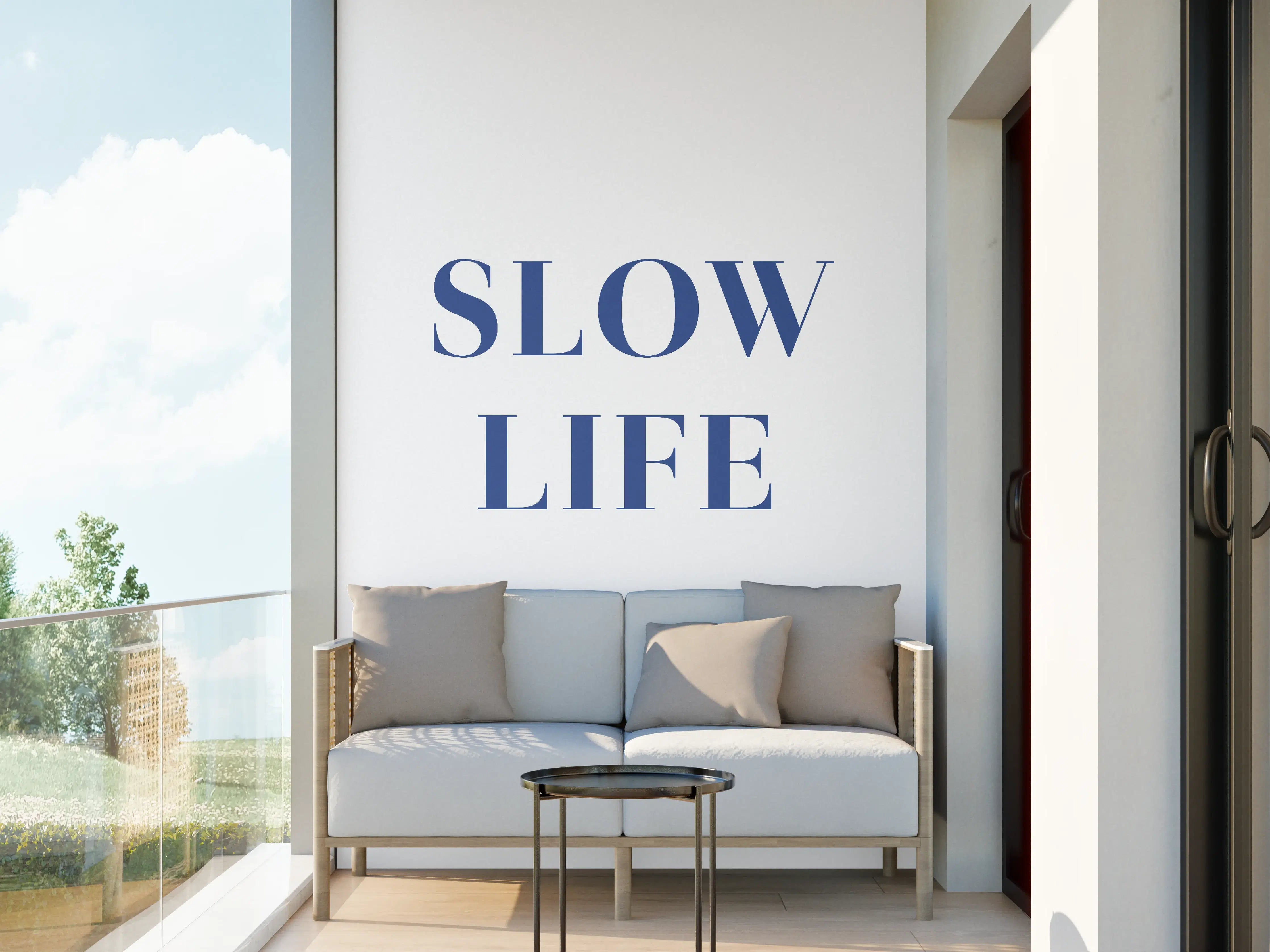 Wandverkleidung außen - Slow Life Text in Blau auf Weiß