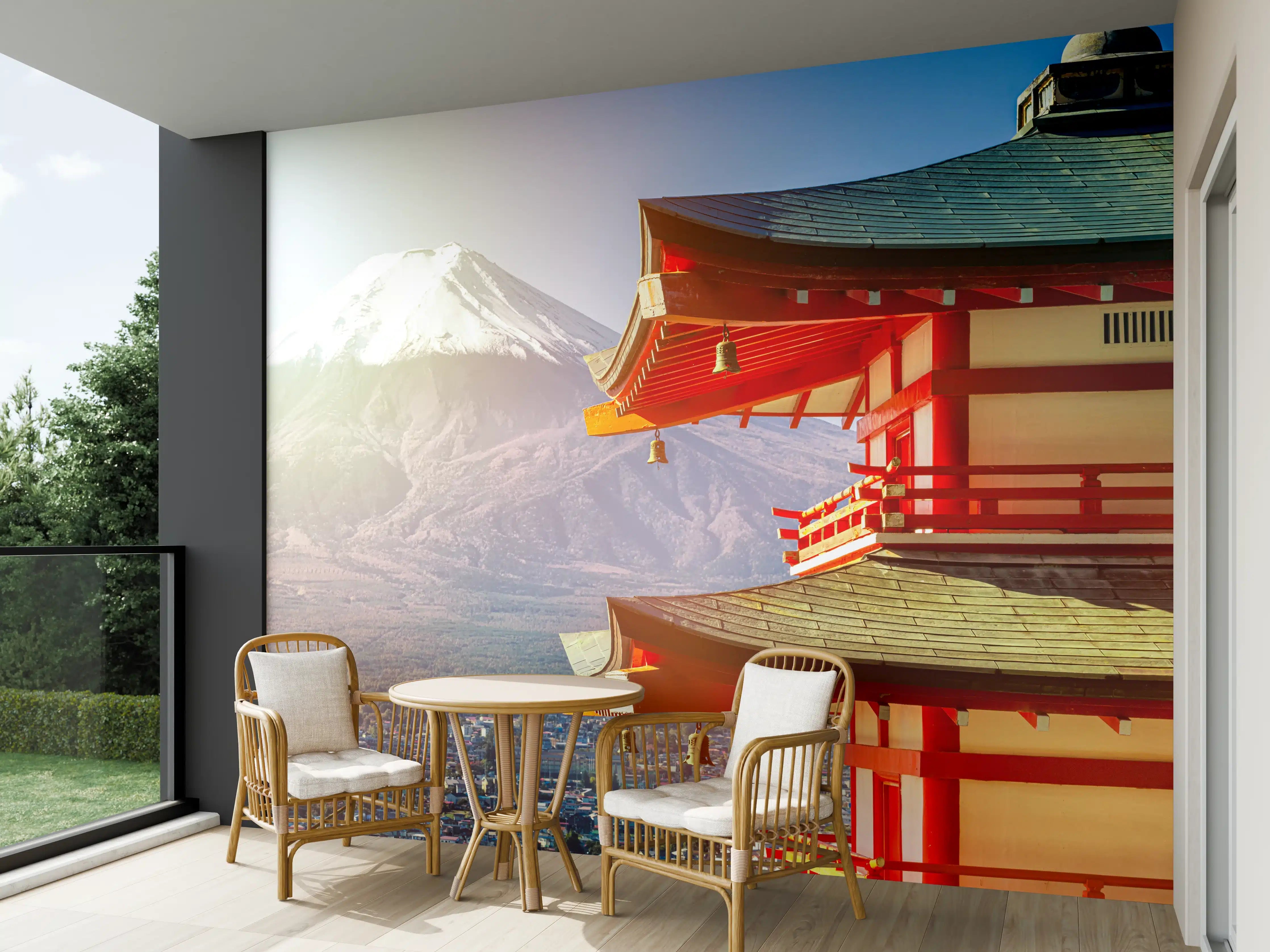 Wandverkleidung außen - Sonnenaufgang des Berges Fuji und rote Pagode