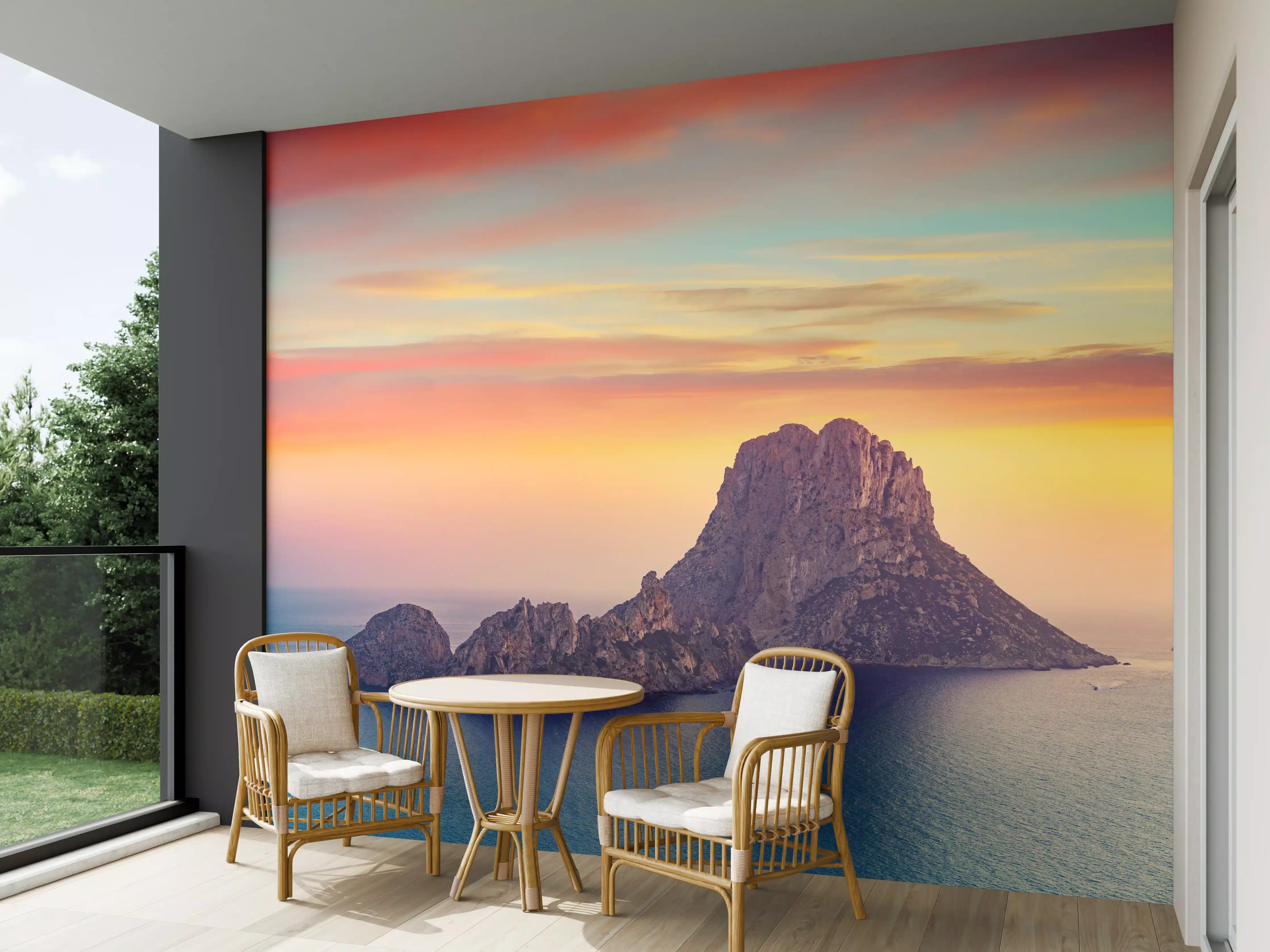 Wandverkleidung außen - Sonnenuntergang auf der Insel Es Vedra auf den Balearen