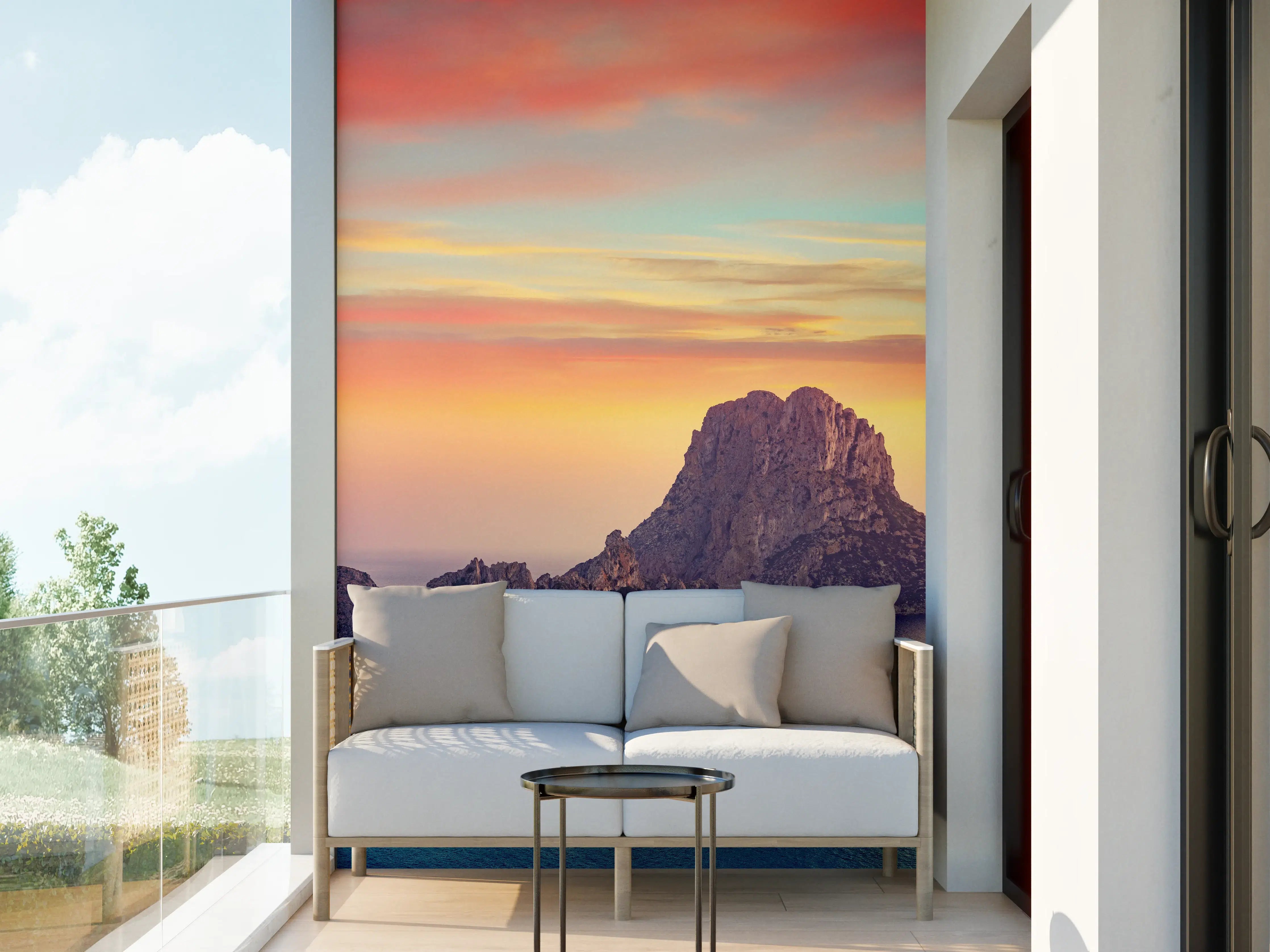 Wandverkleidung außen - Sonnenuntergang auf der Insel Es Vedra auf den Balearen