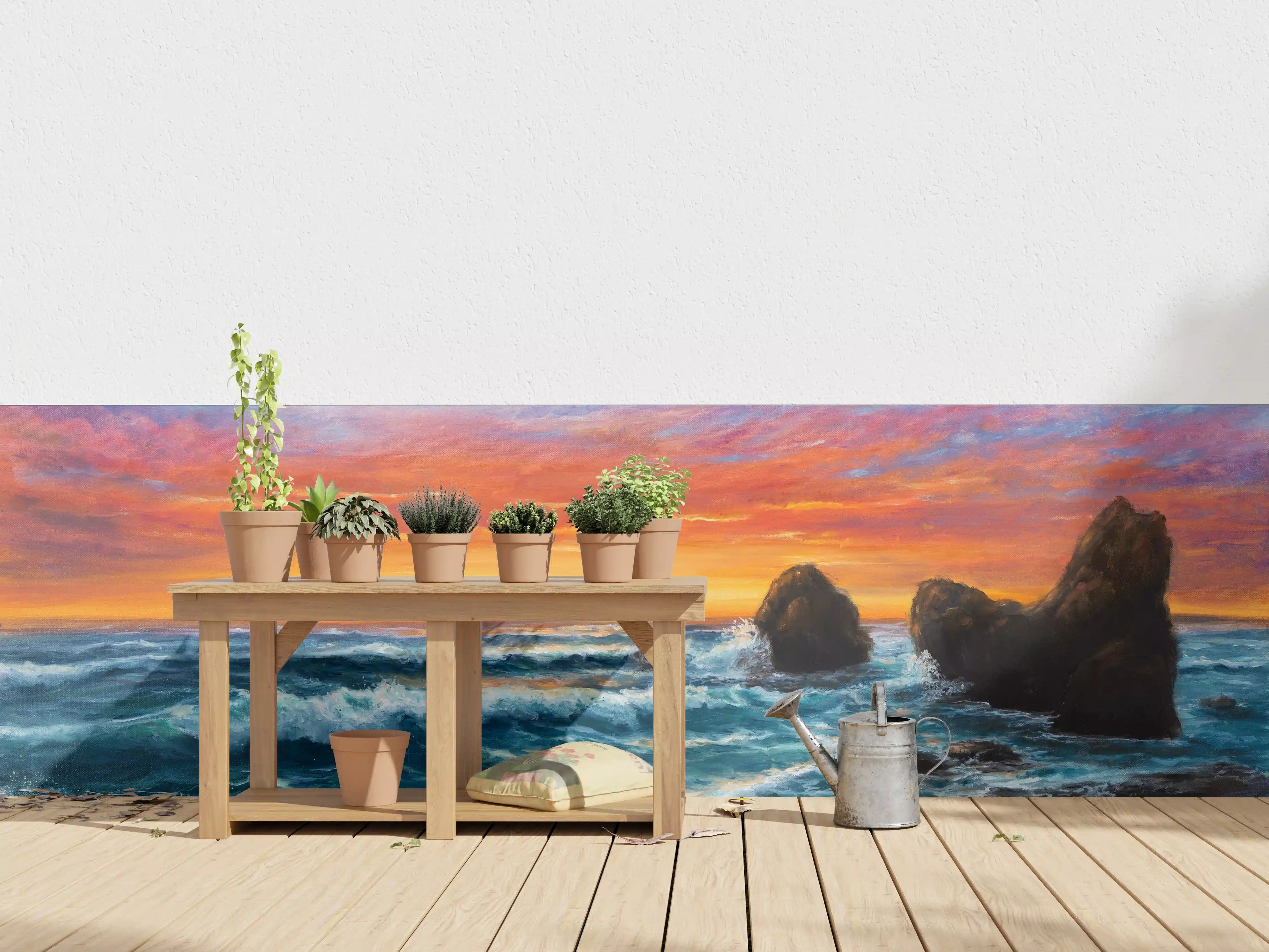 Wandverkleidung außen - Sonnenuntergang über dem Meer mit Felsen