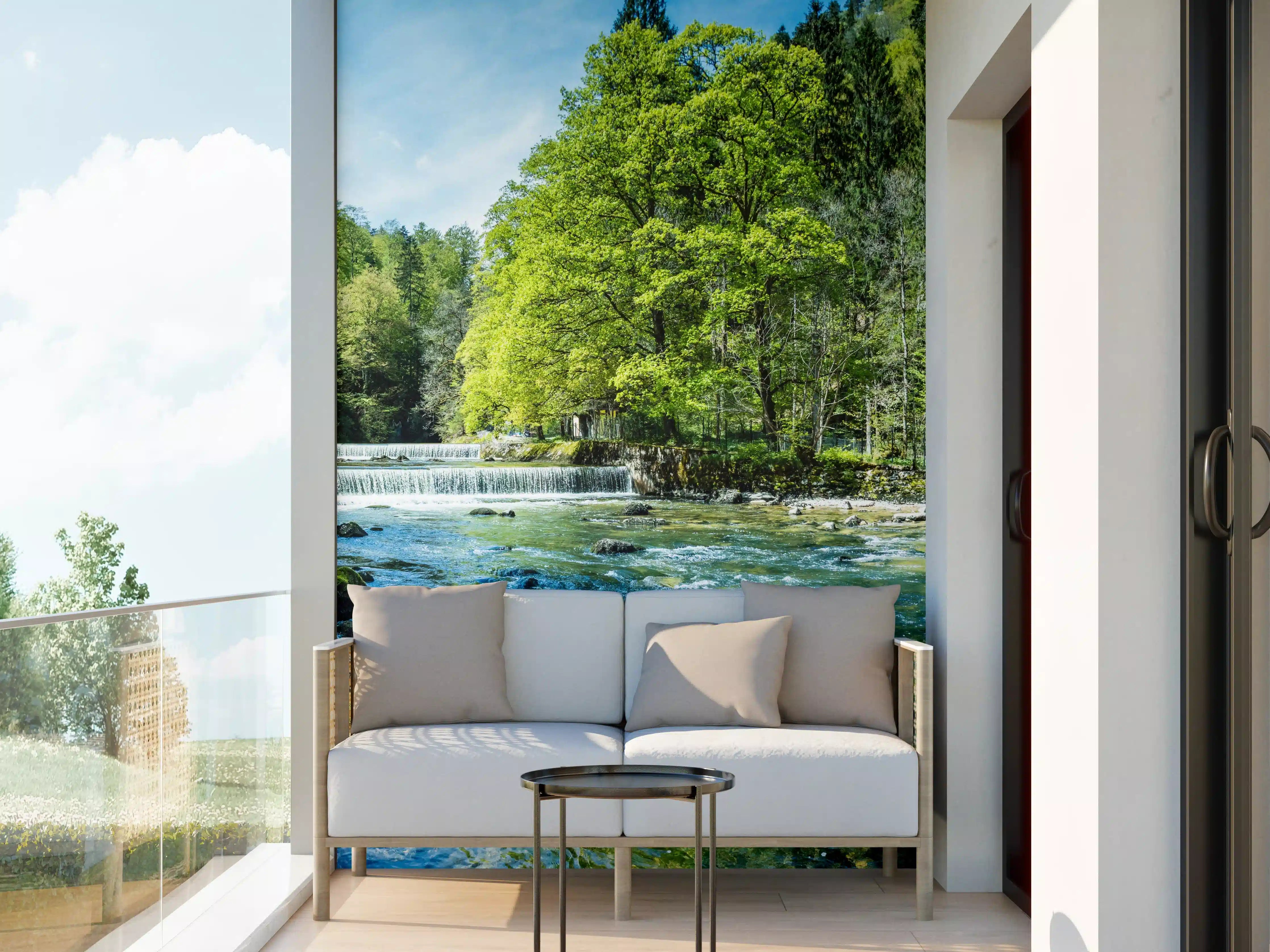 Wandverkleidung außen - Sonnige Flusslandschaft in der Schweiz