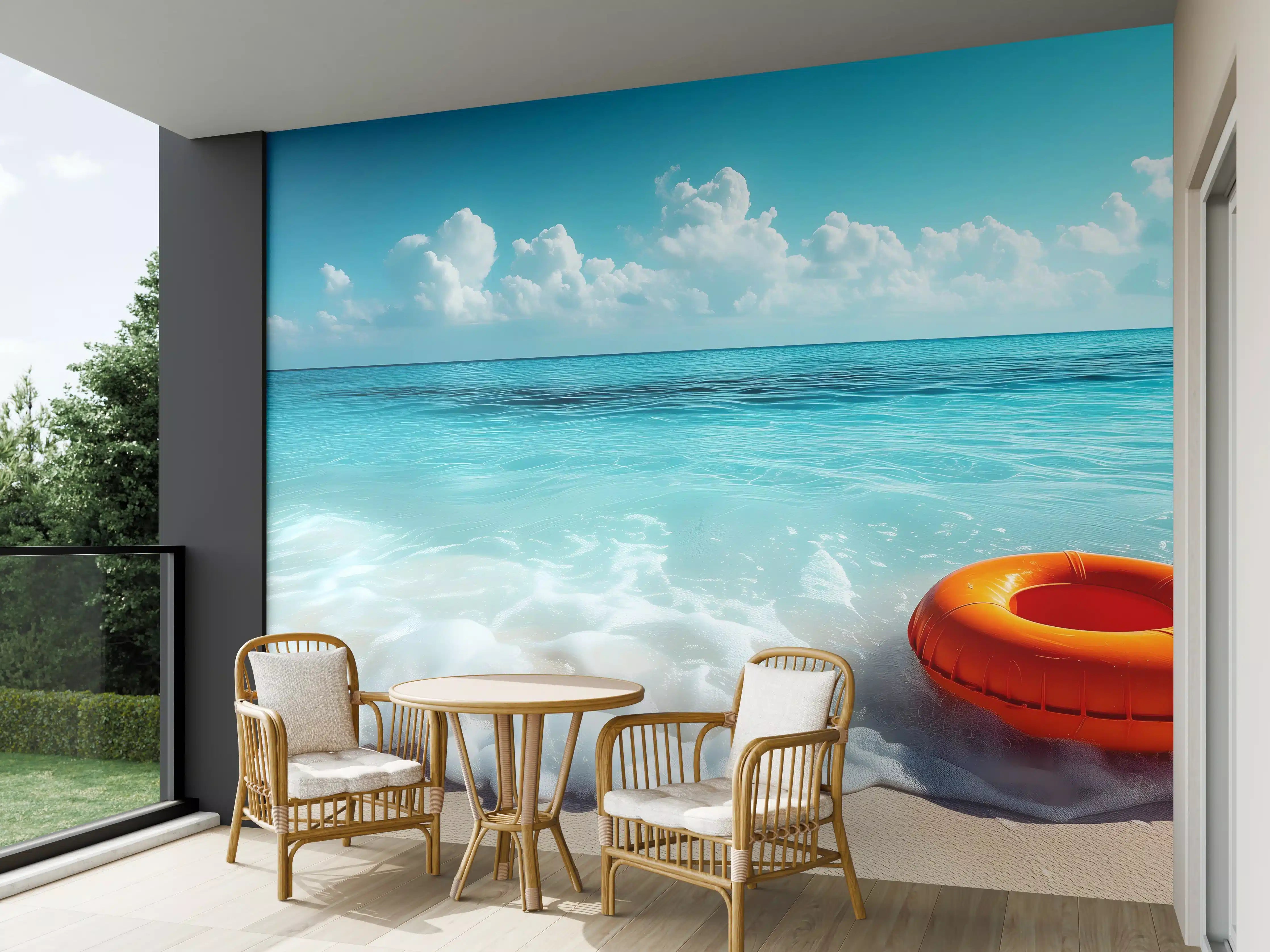 Wandverkleidung außen - Strand mit orangefarbener Schwimmringe