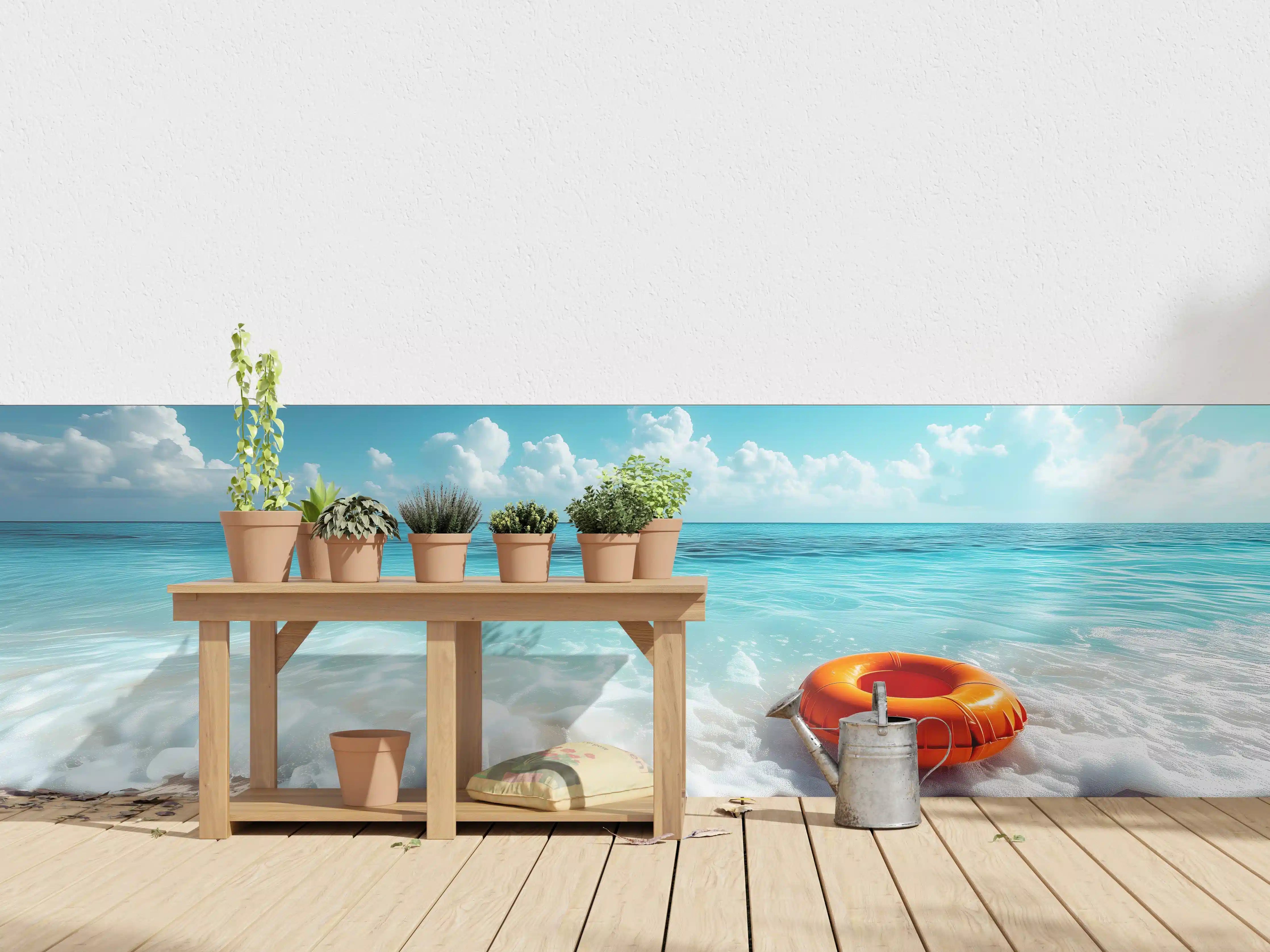 Wandverkleidung außen - Strand mit orangefarbener Schwimmringe