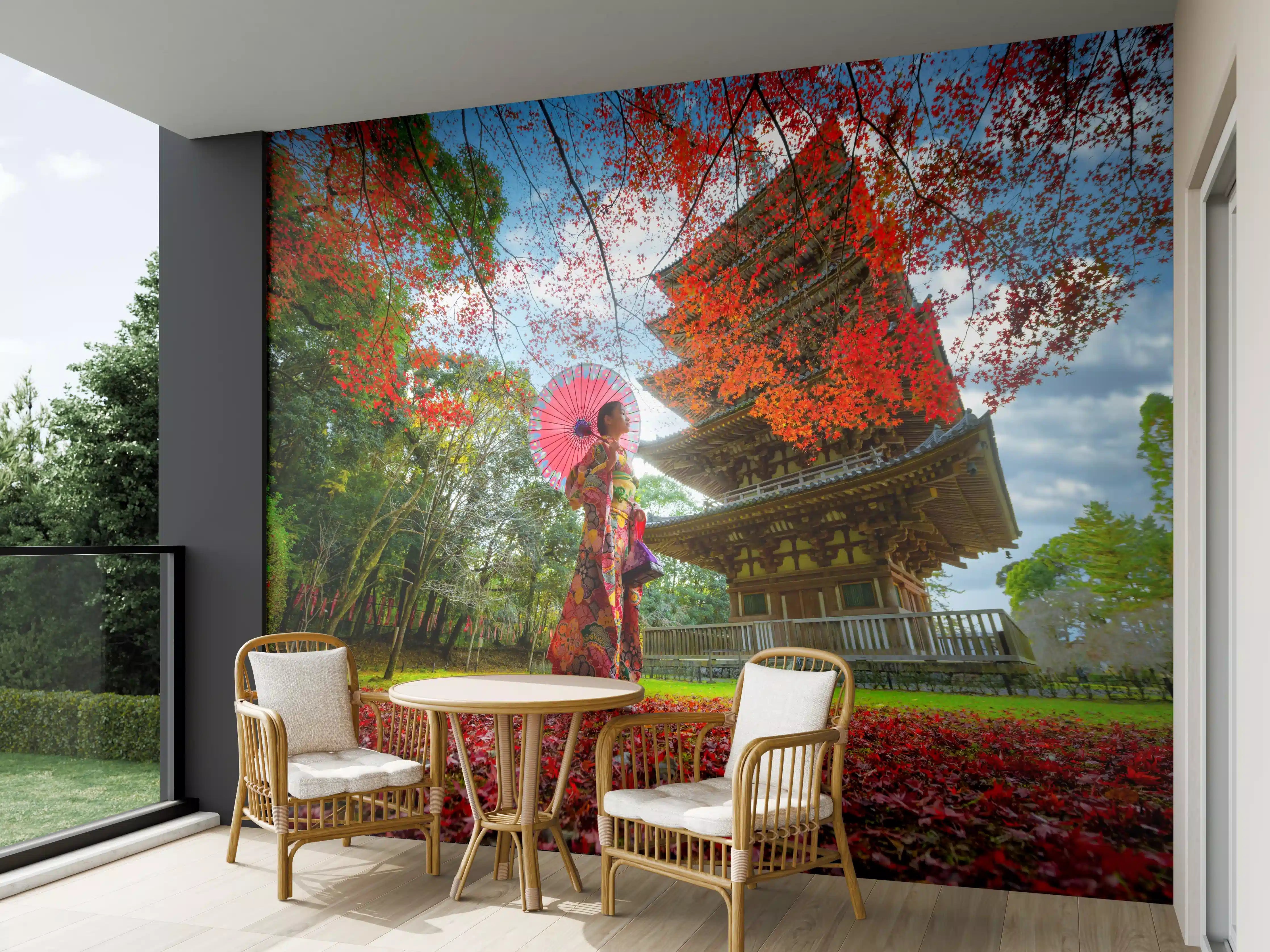 Wandverkleidung außen - Tempel in Japan in Herbstlicher Landschaft