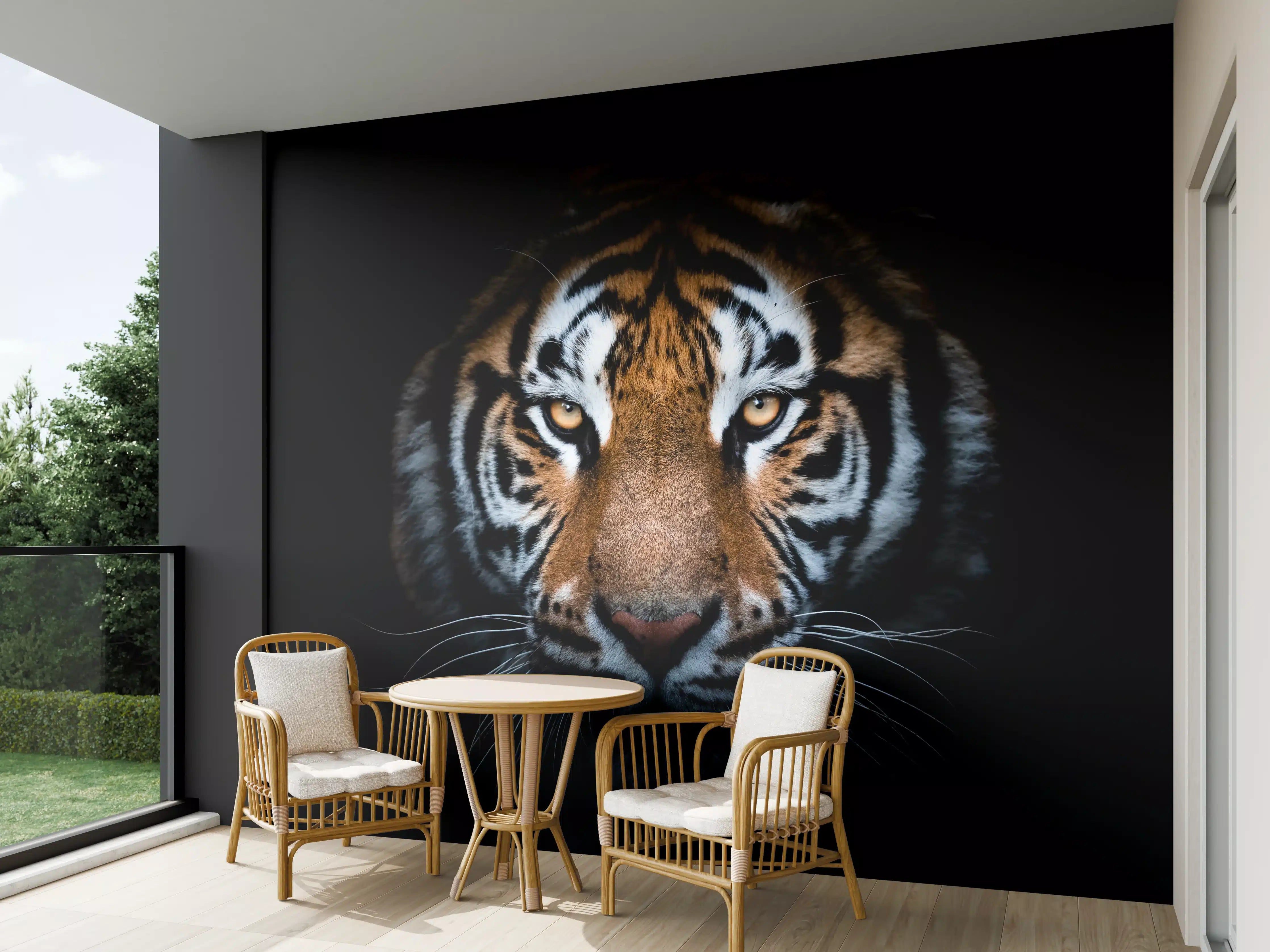 Wandverkleidung außen - Tiger-Portrait Schwarzer Hintergrund