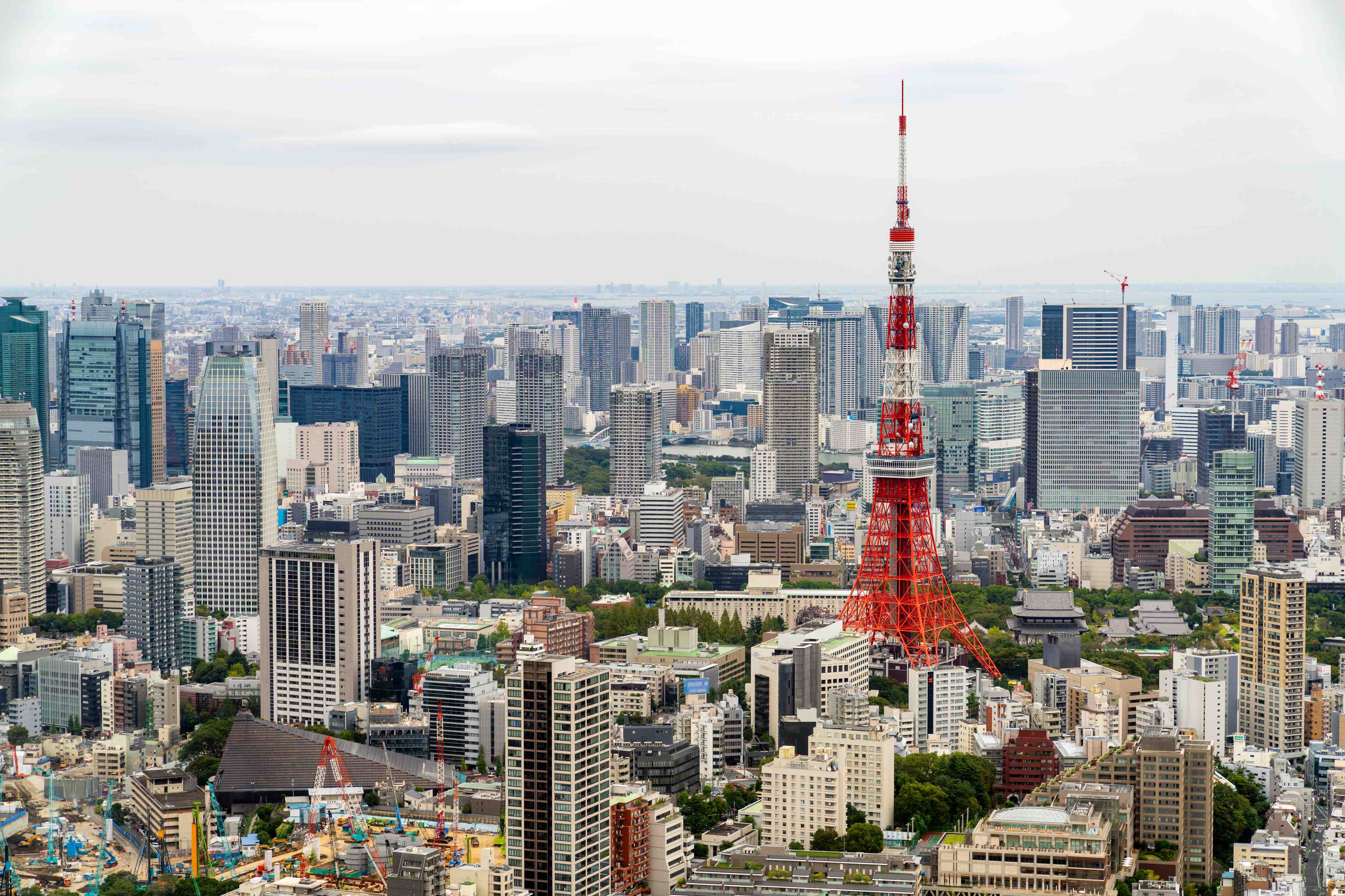 Wandverkleidung außen-Tokyo Tower im Stadtbild bei bewölktem Himmel