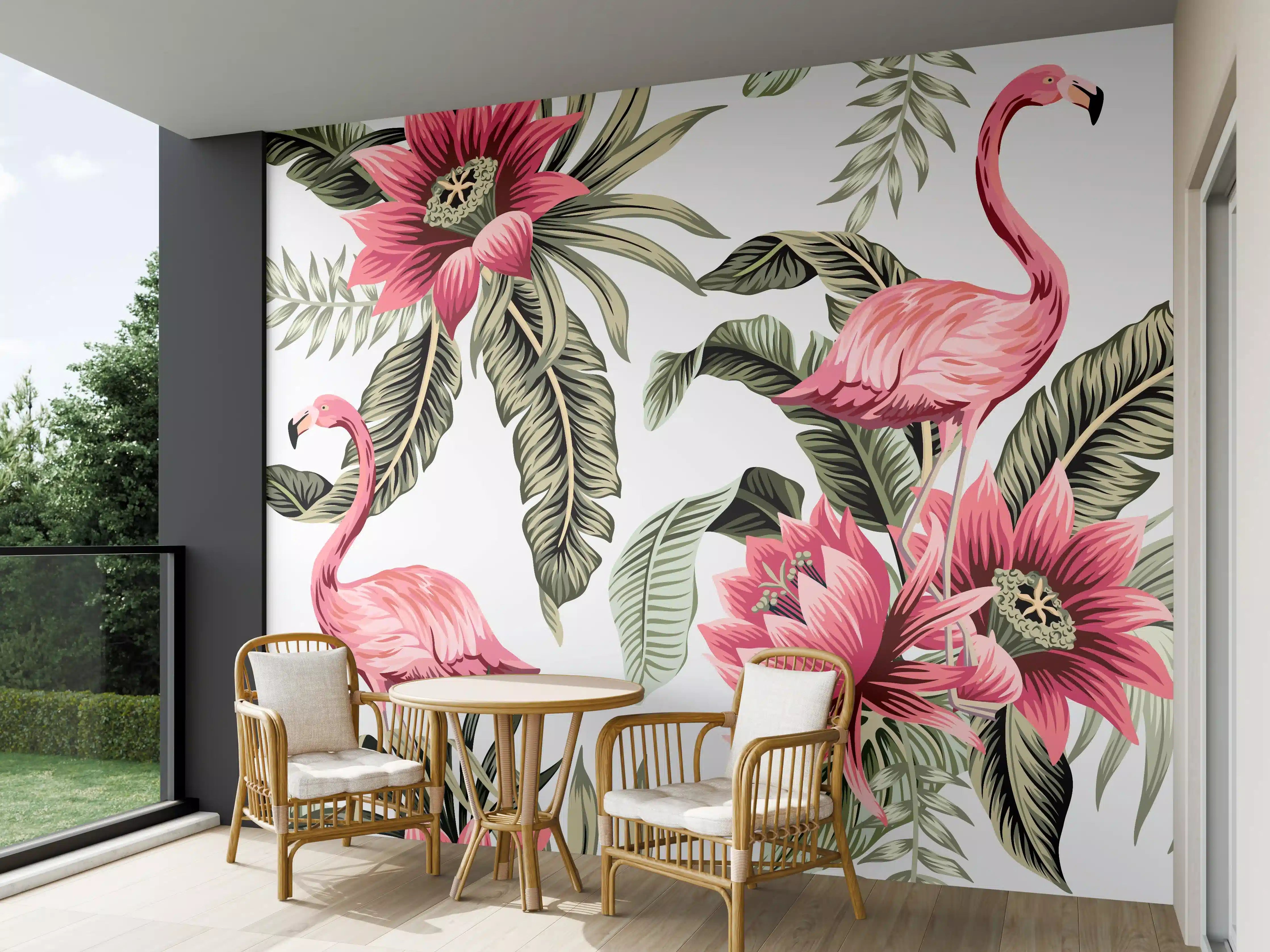 Wandverkleidung außen - Tropischer Flamingo-Blumen-Print