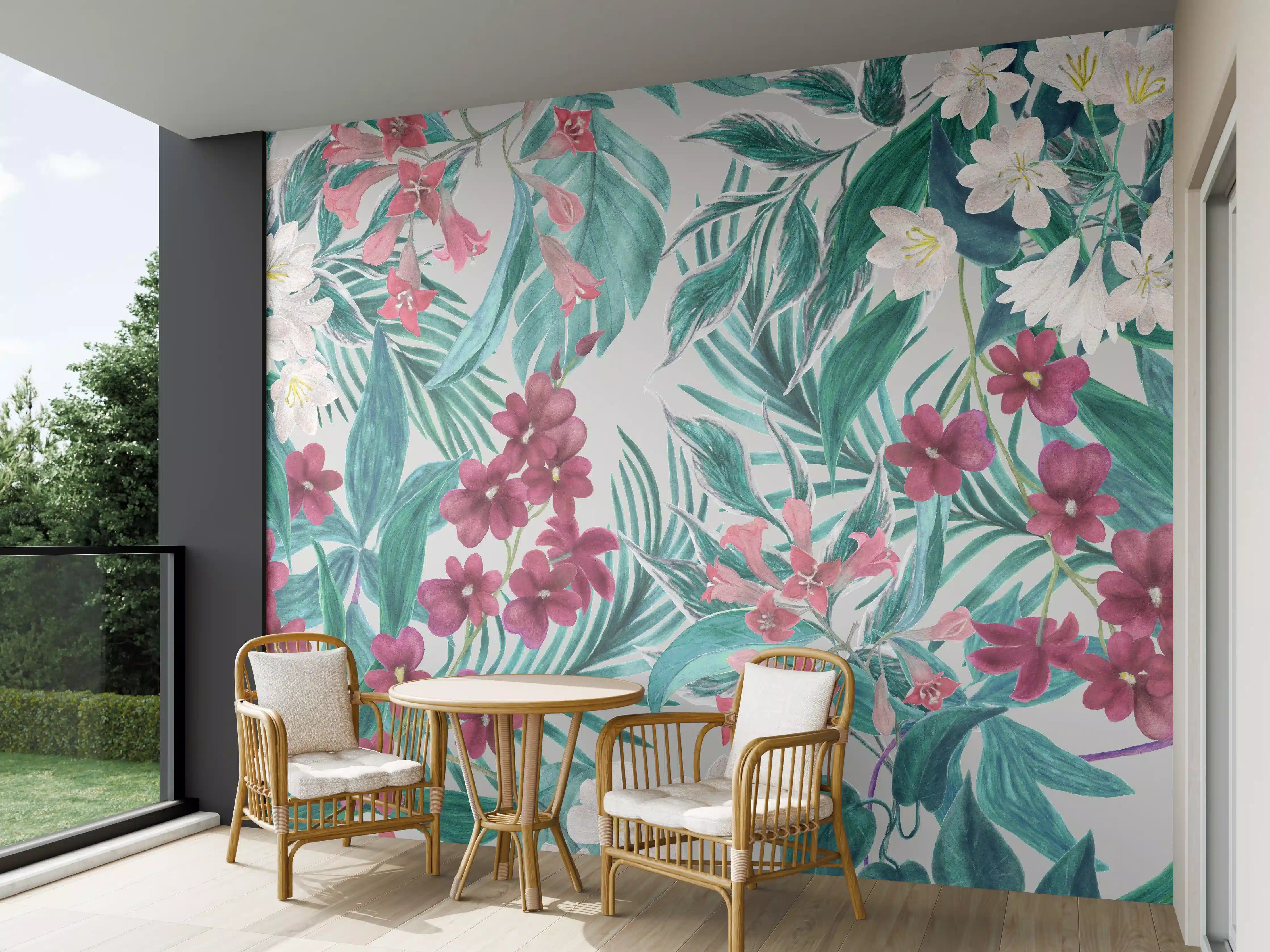 Wandverkleidung außen - Tropisches Blumenmuster Rosa-Grau