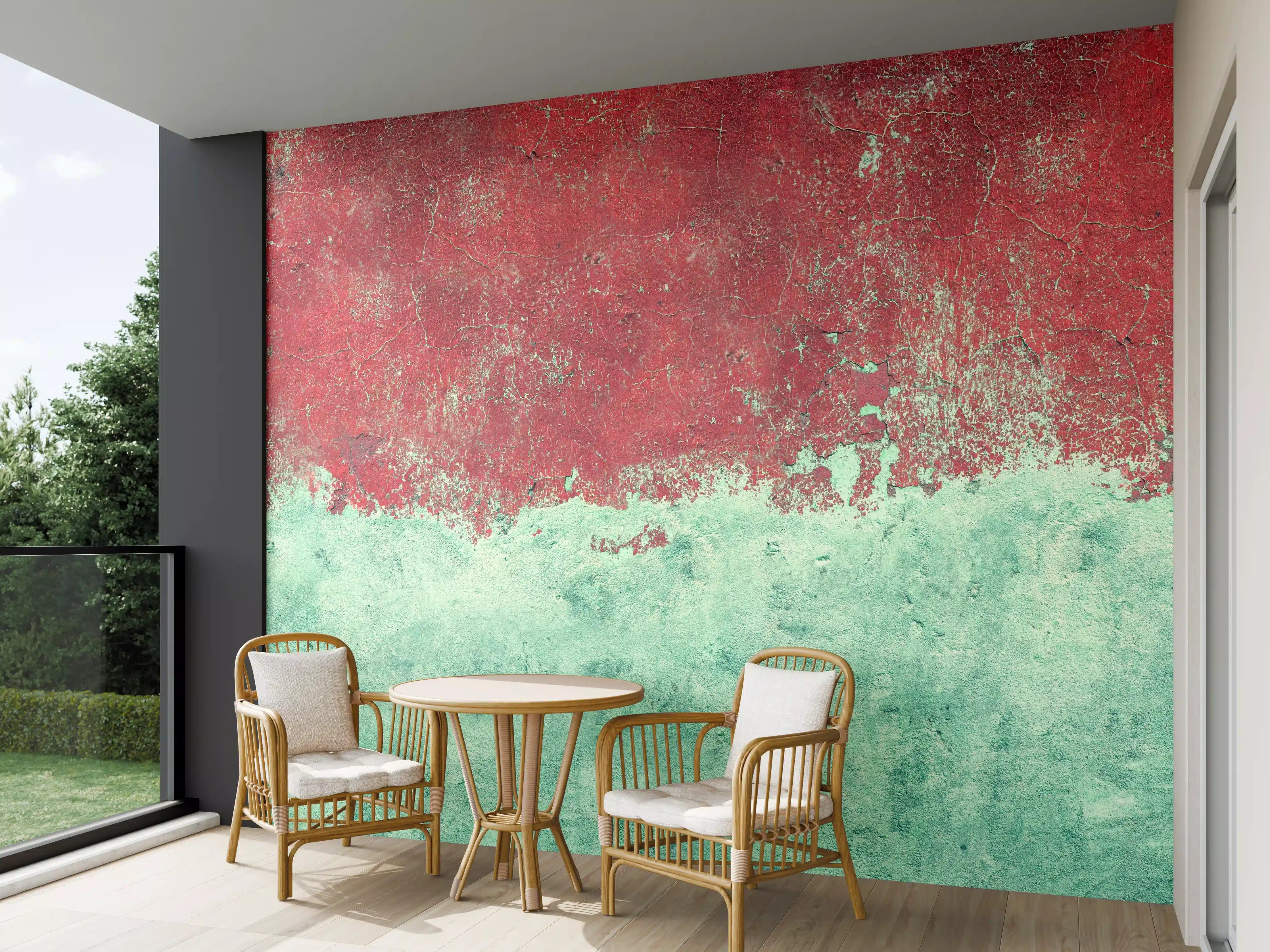 Wandverkleidung außen - Türkis-rote Wand im Grunge-Stil