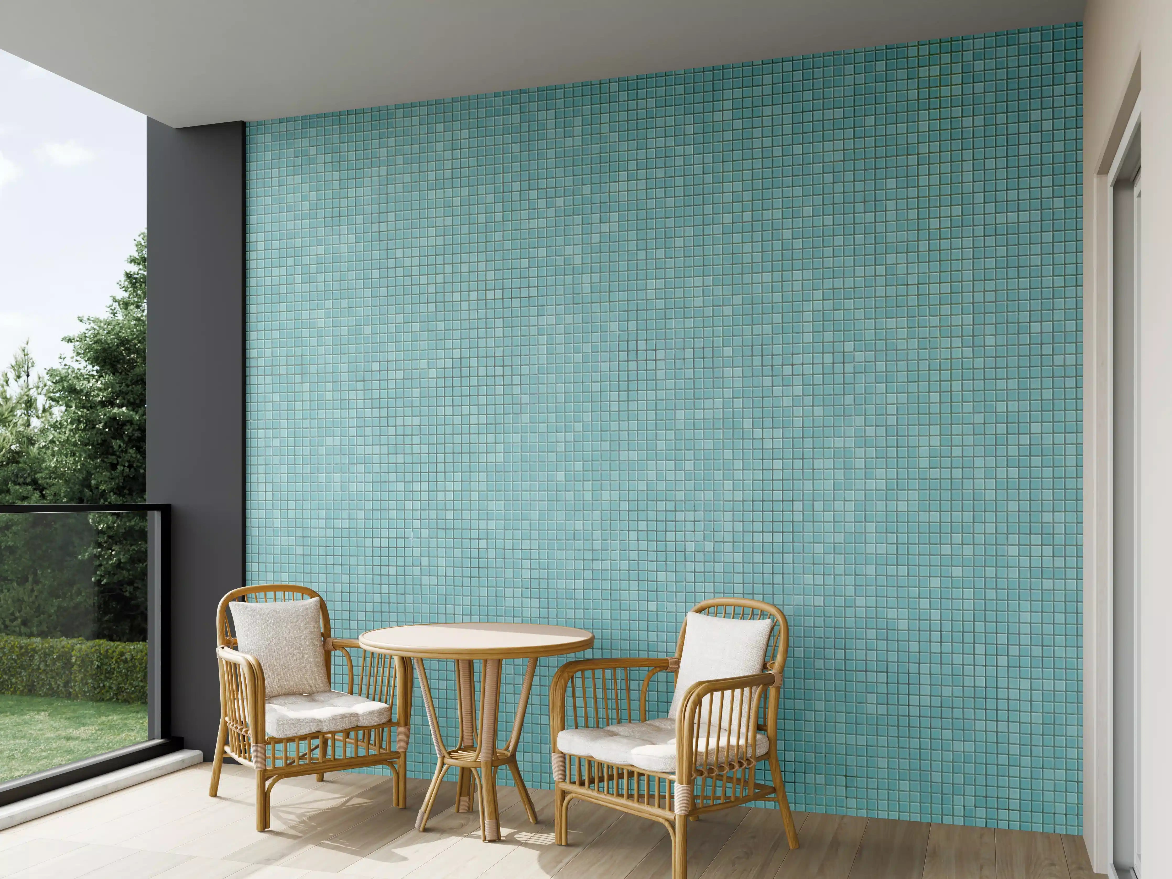 Wandverkleidung außen - Türkisfarbene Mosaikfliesen in Nahaufnahme