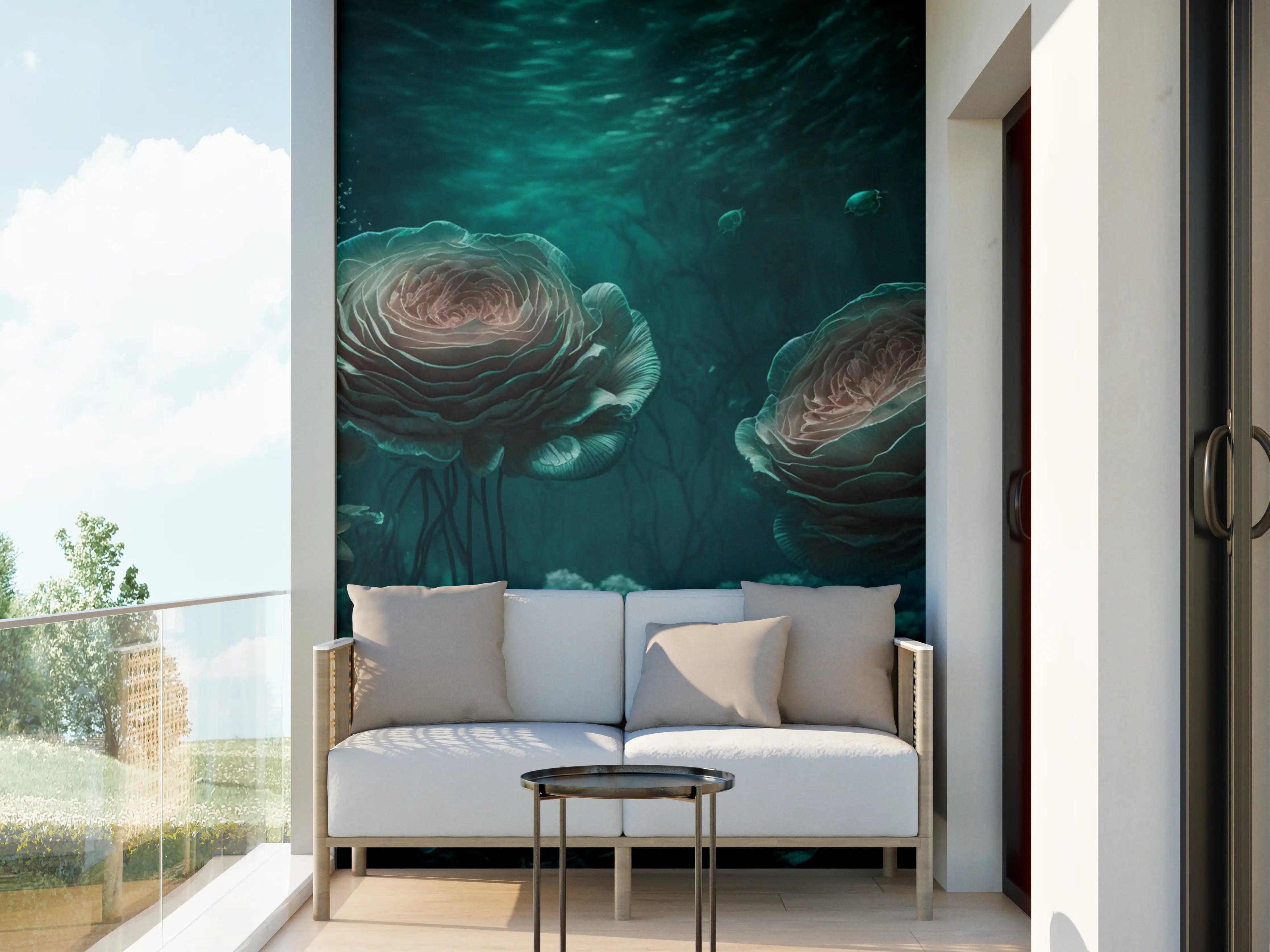 Wandverkleidung außen - Unterwasserlandschaft mit Leuchtnetzen und Meeresbewohnern