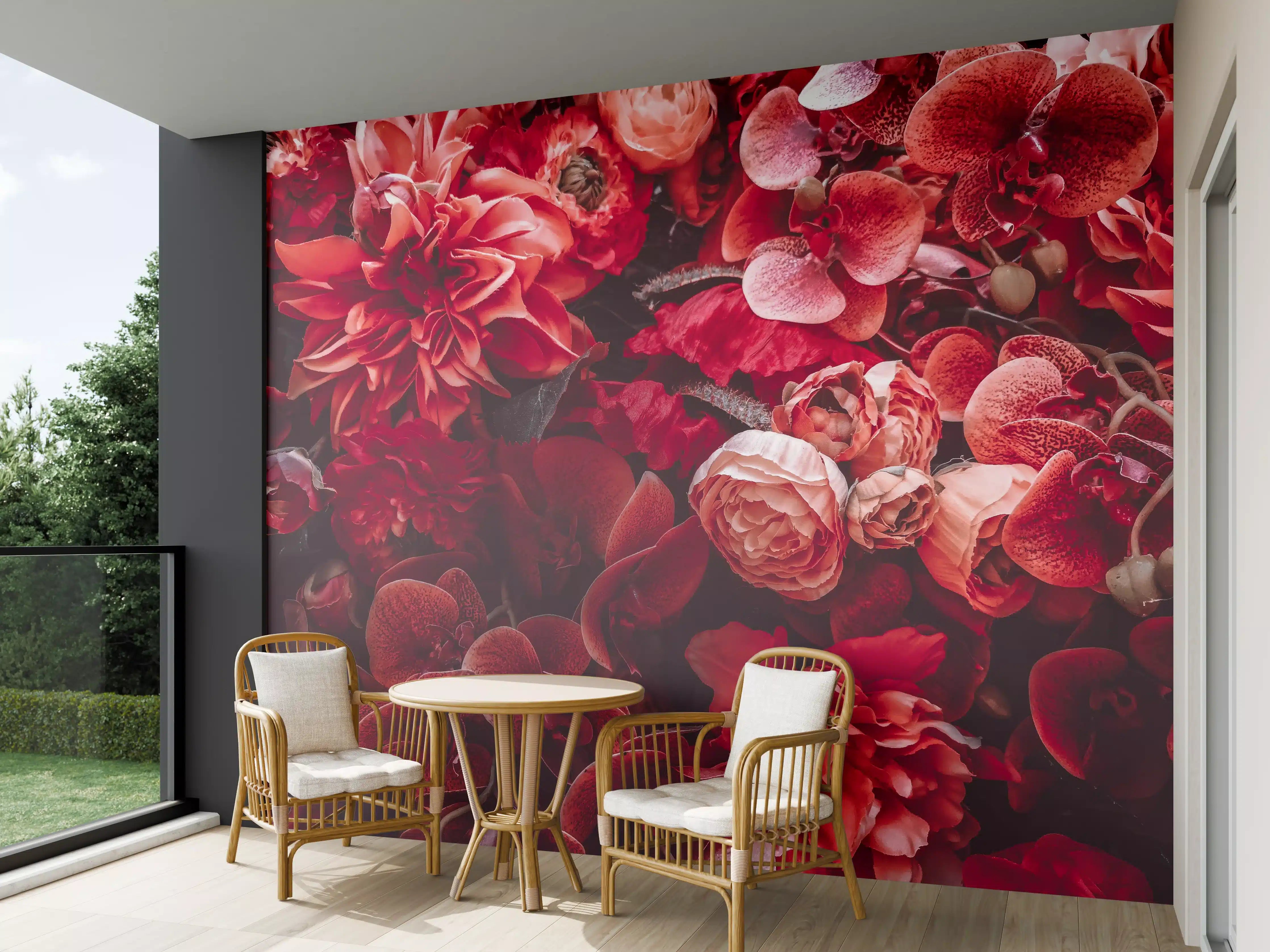 Wandverkleidung außen - Vibrante Blumenvielfalt in Rottönen