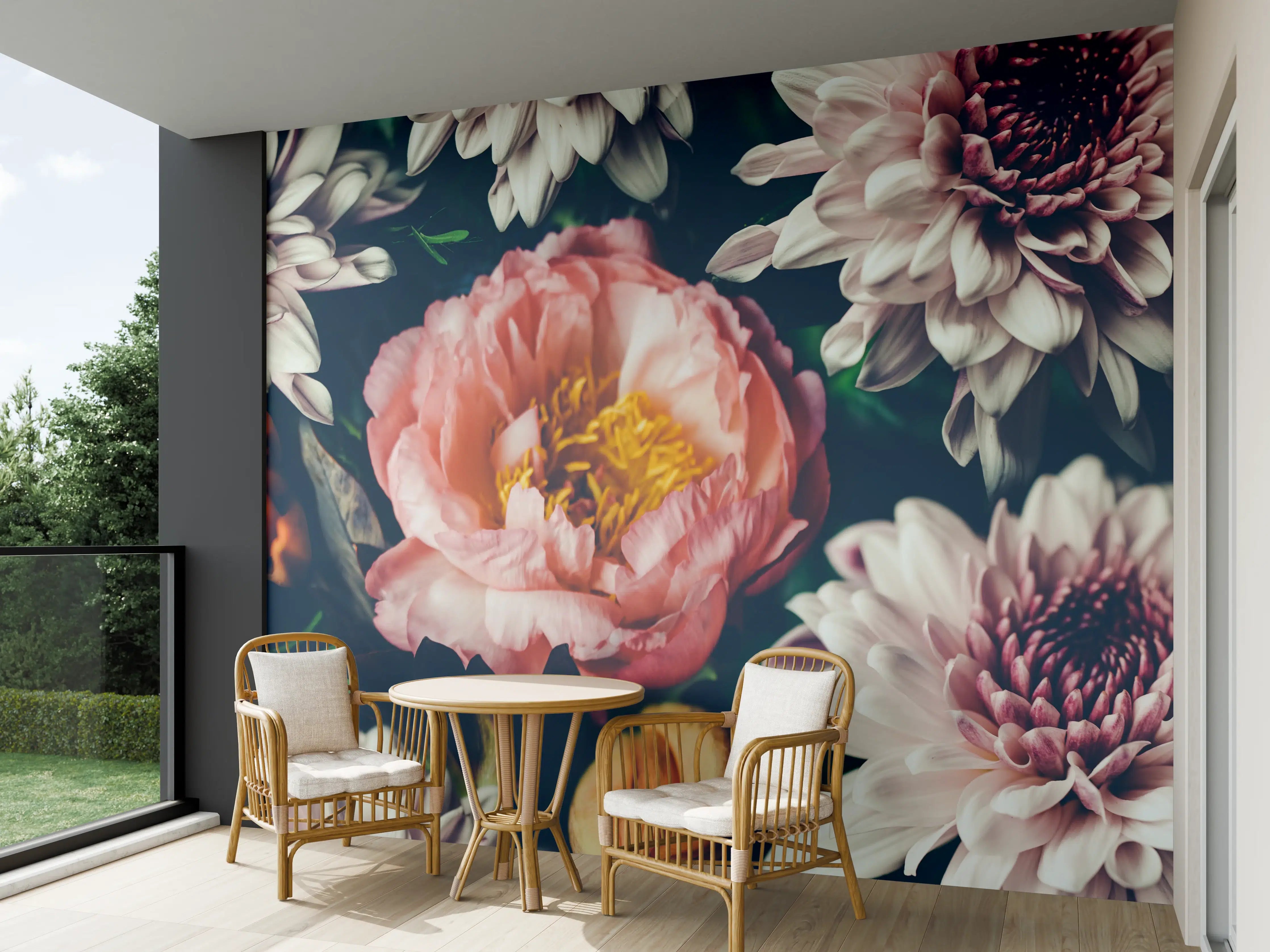 Wandverkleidung außen - Vielfalt bunter Blumen auf dunklem Hintergrund