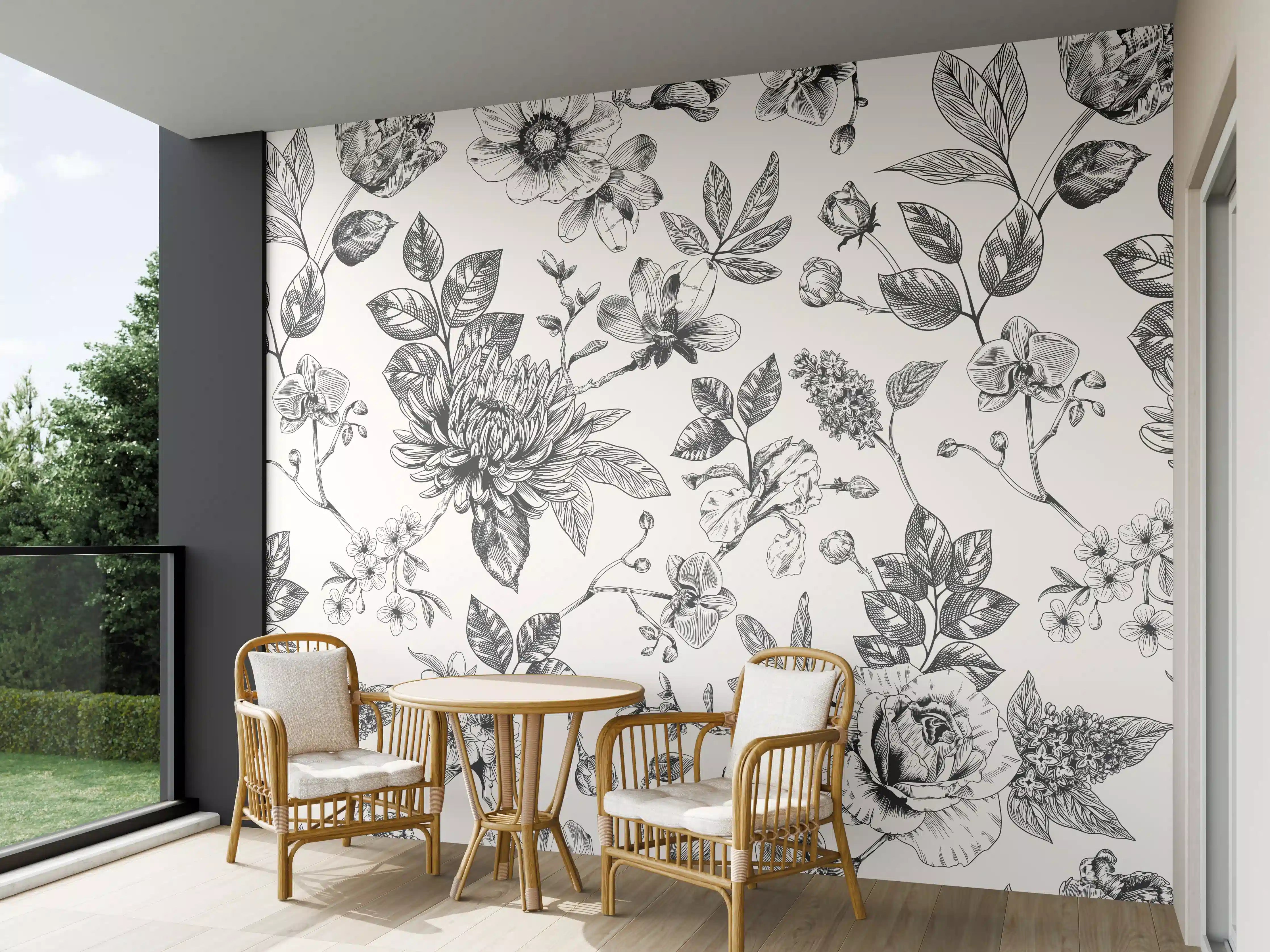 Wandverkleidung außen - Vintage-Blumen Schwarz-Weiß