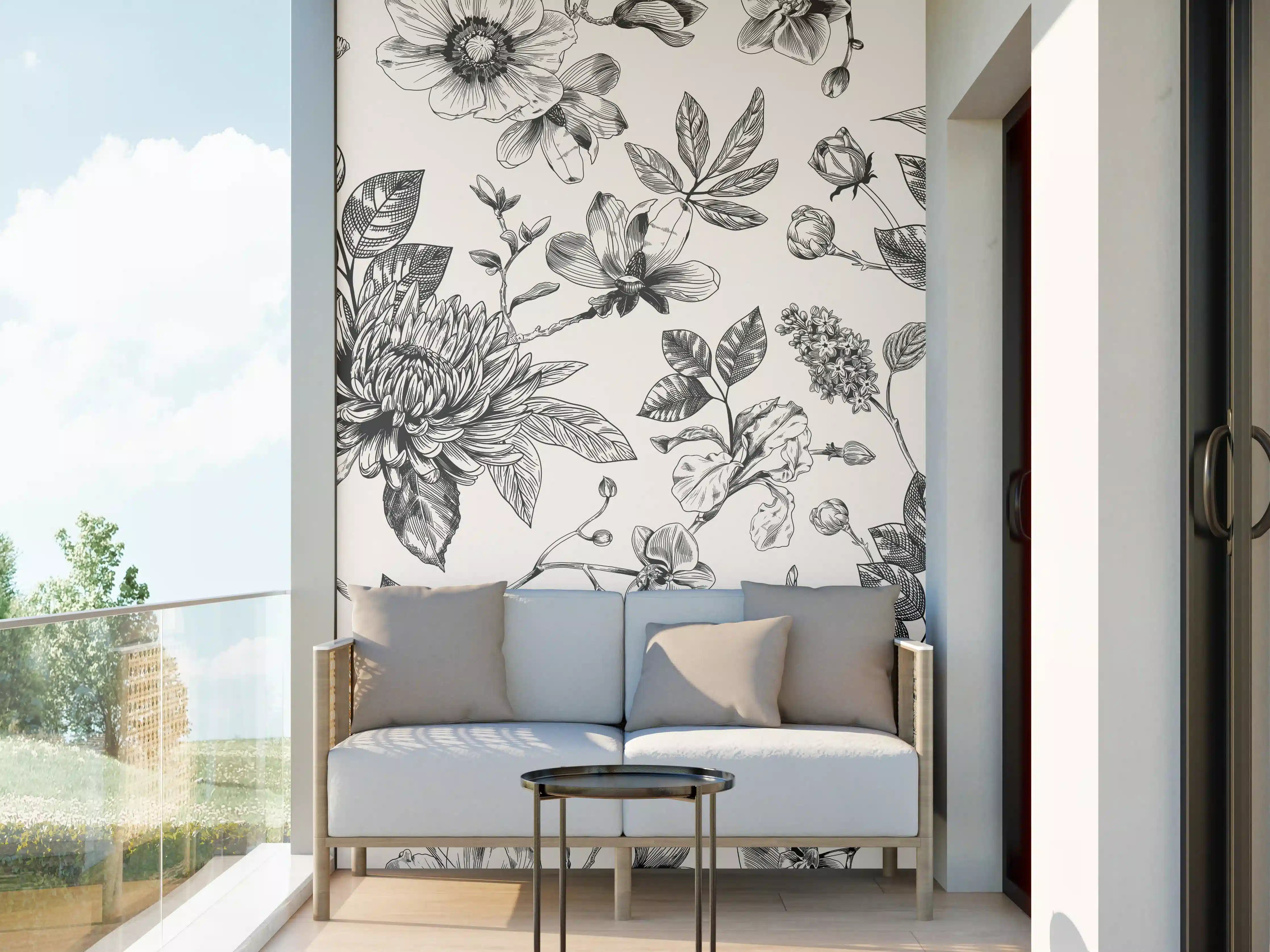 Wandverkleidung außen - Vintage-Blumen Schwarz-Weiß