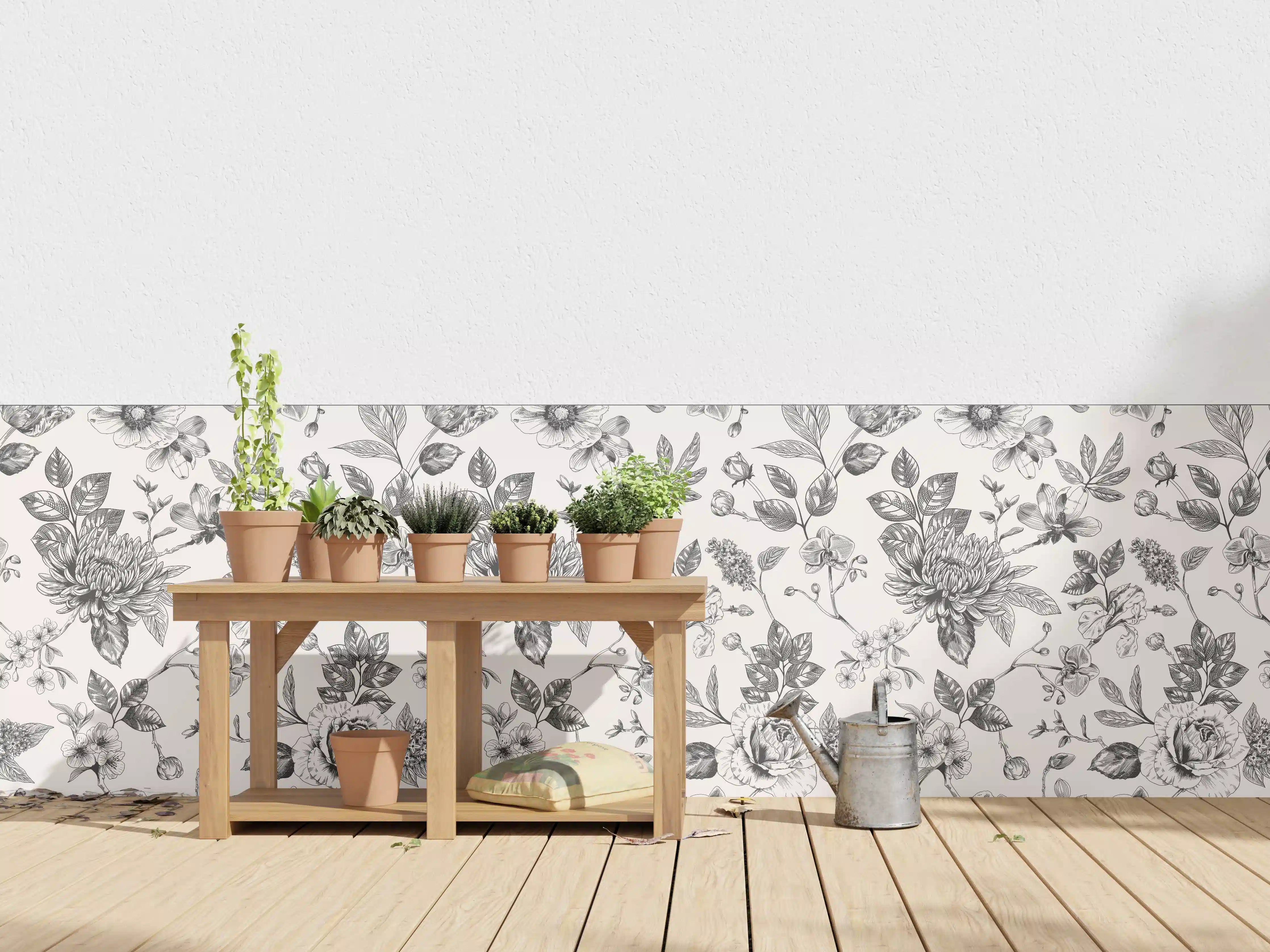 Wandverkleidung außen - Vintage-Blumen Schwarz-Weiß