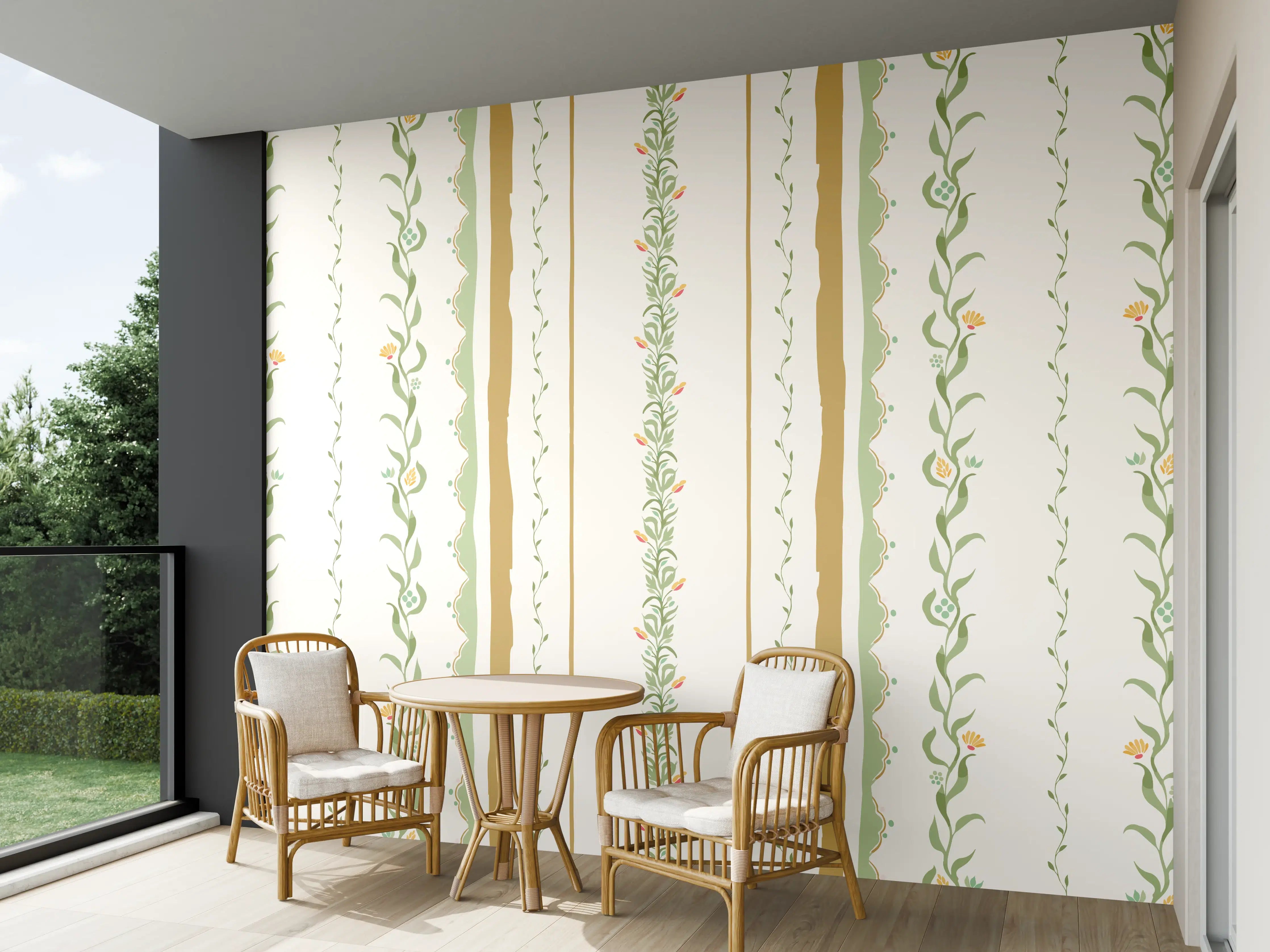Wandverkleidung außen - Vintage-Blumen Tapete Beige-Grün