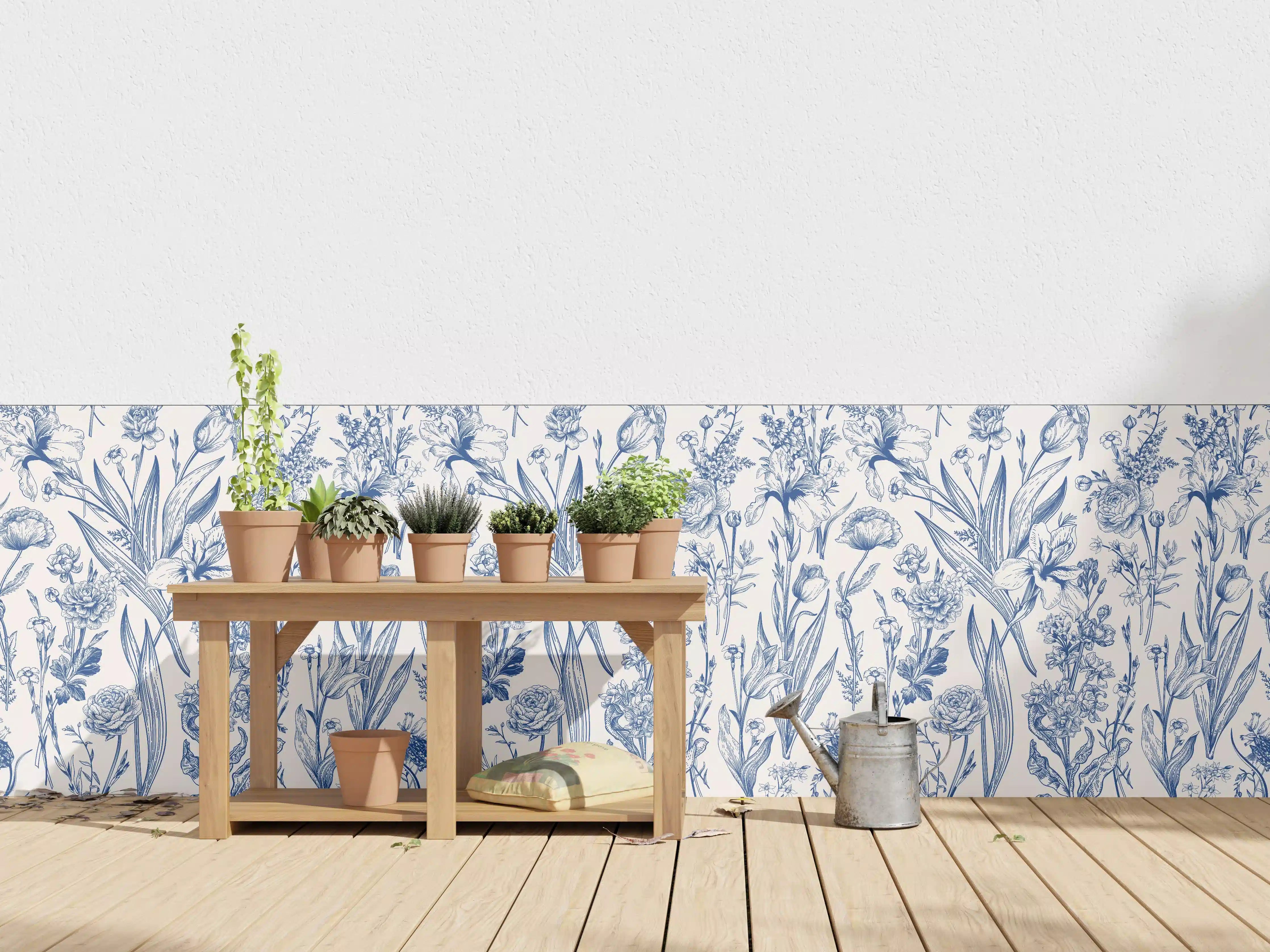 Wandverkleidung außen - Vintage-Blumenmuster Azurblau