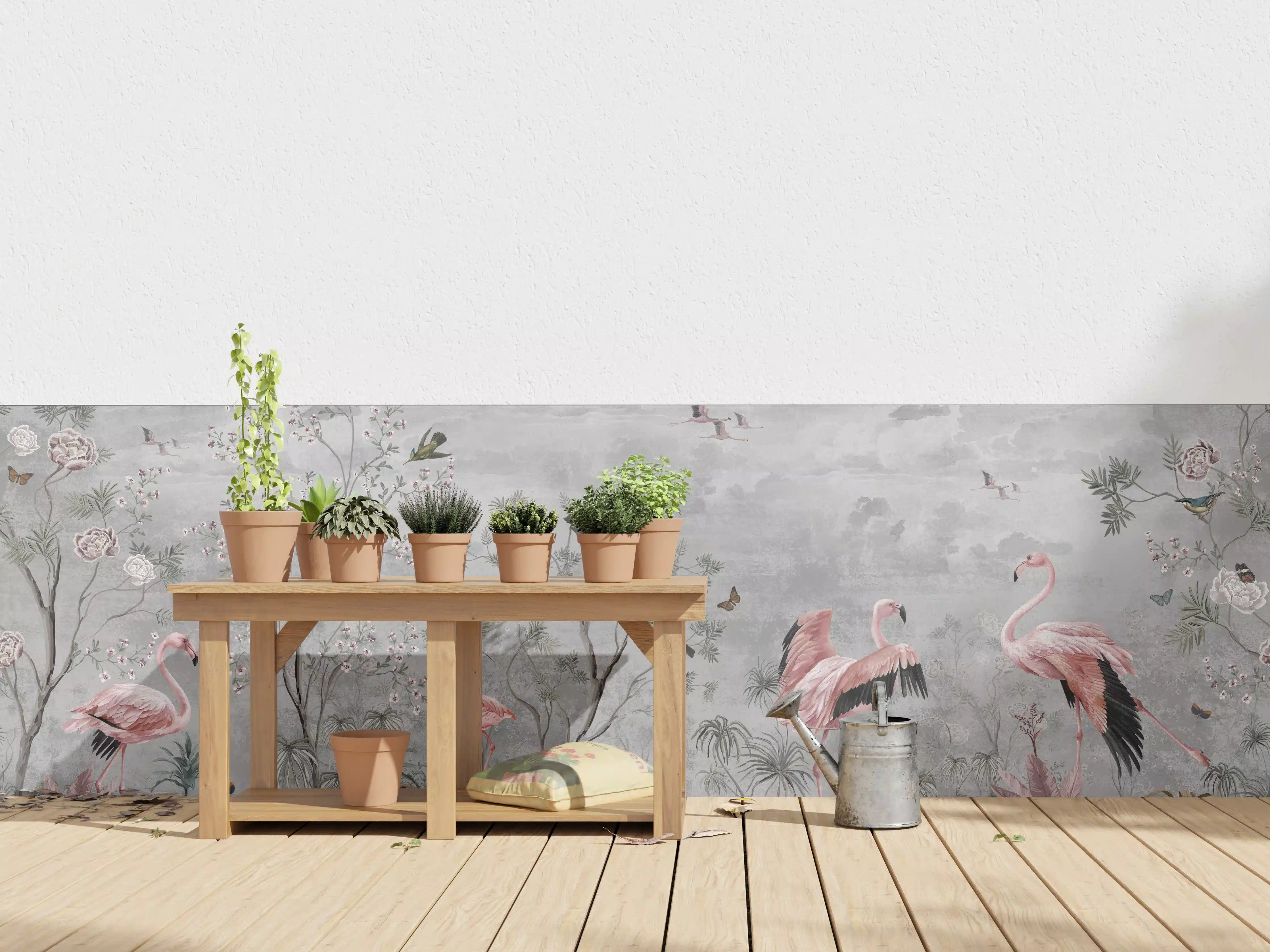 Wandverkleidung außen - Vintage Dschungel Flamingo Tapete