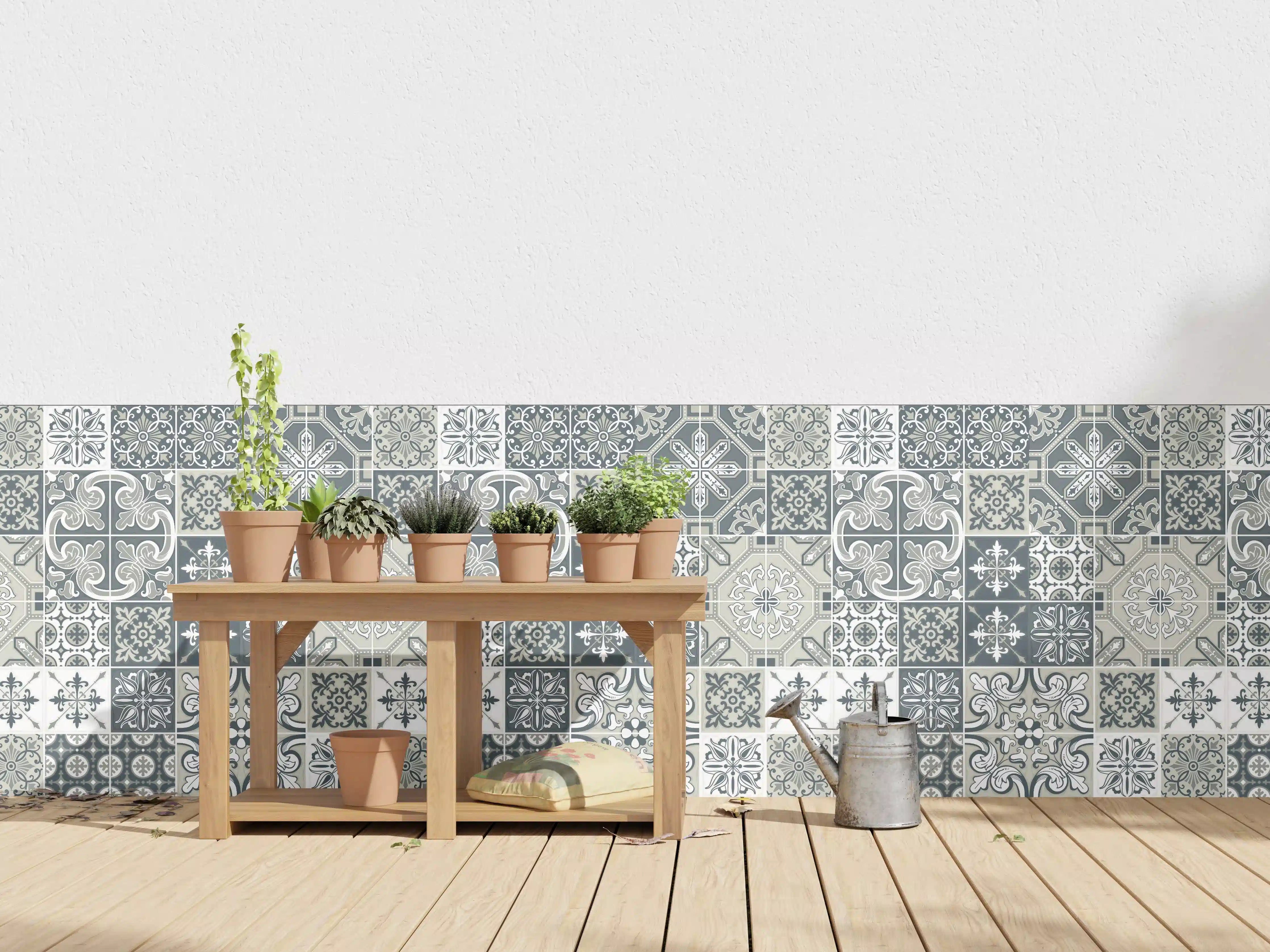 Wandverkleidung außen - Vintage Fliesenmuster Blau-Weiß