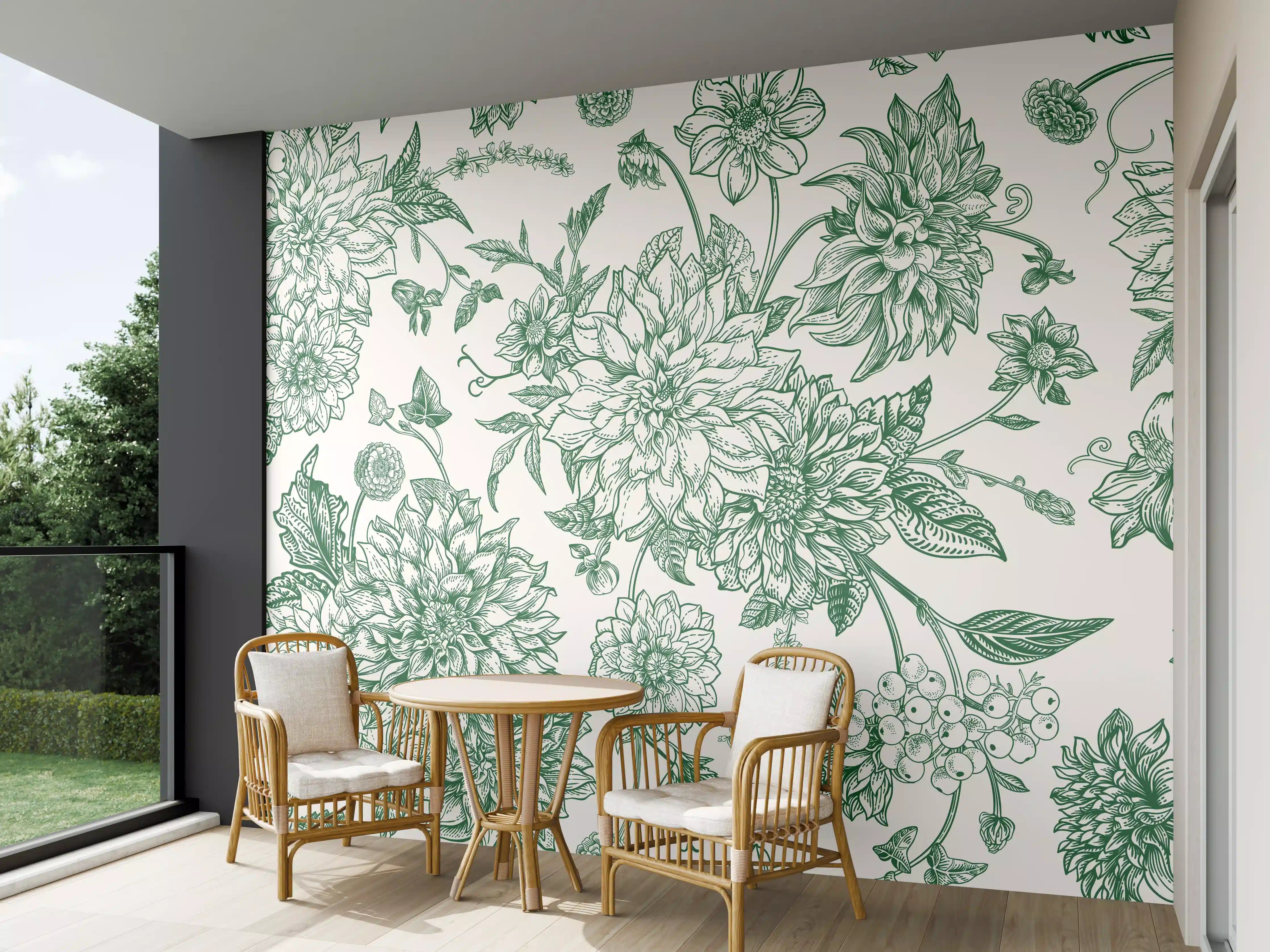 Wandverkleidung außen - Vintage Grün Blumen Lineart