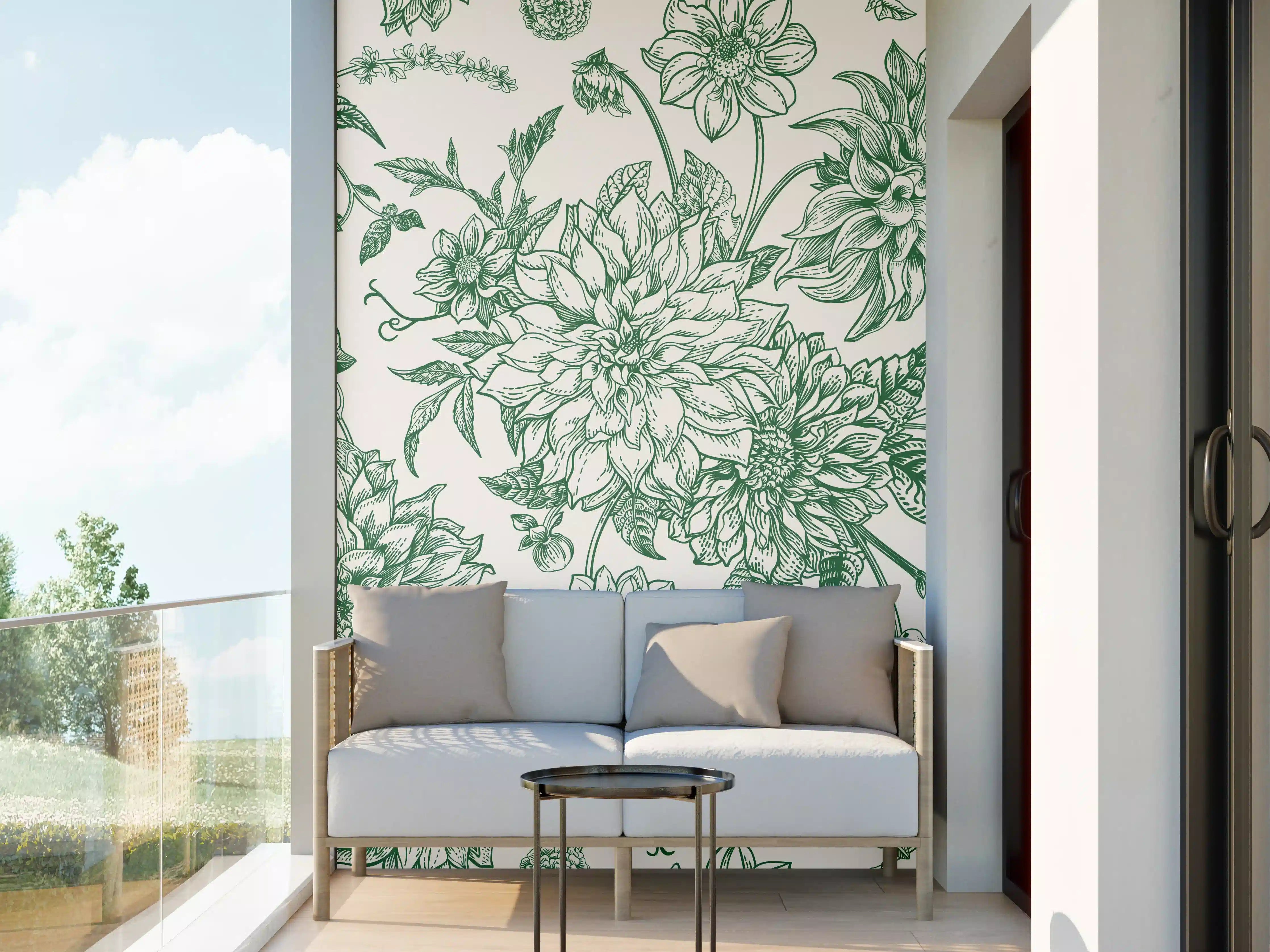 Wandverkleidung außen - Vintage Grün Blumen Lineart