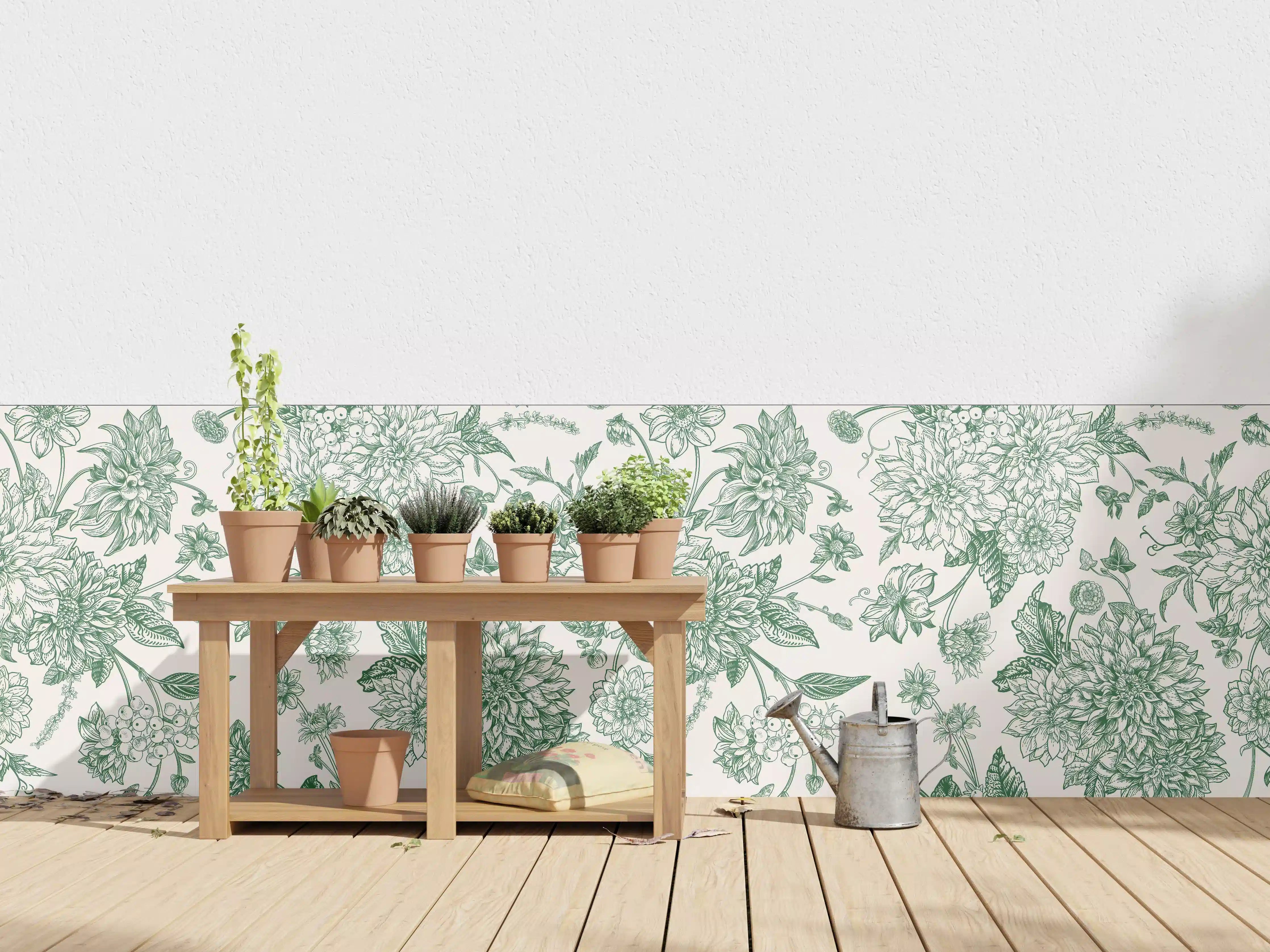 Wandverkleidung außen - Vintage Grün Blumen Lineart