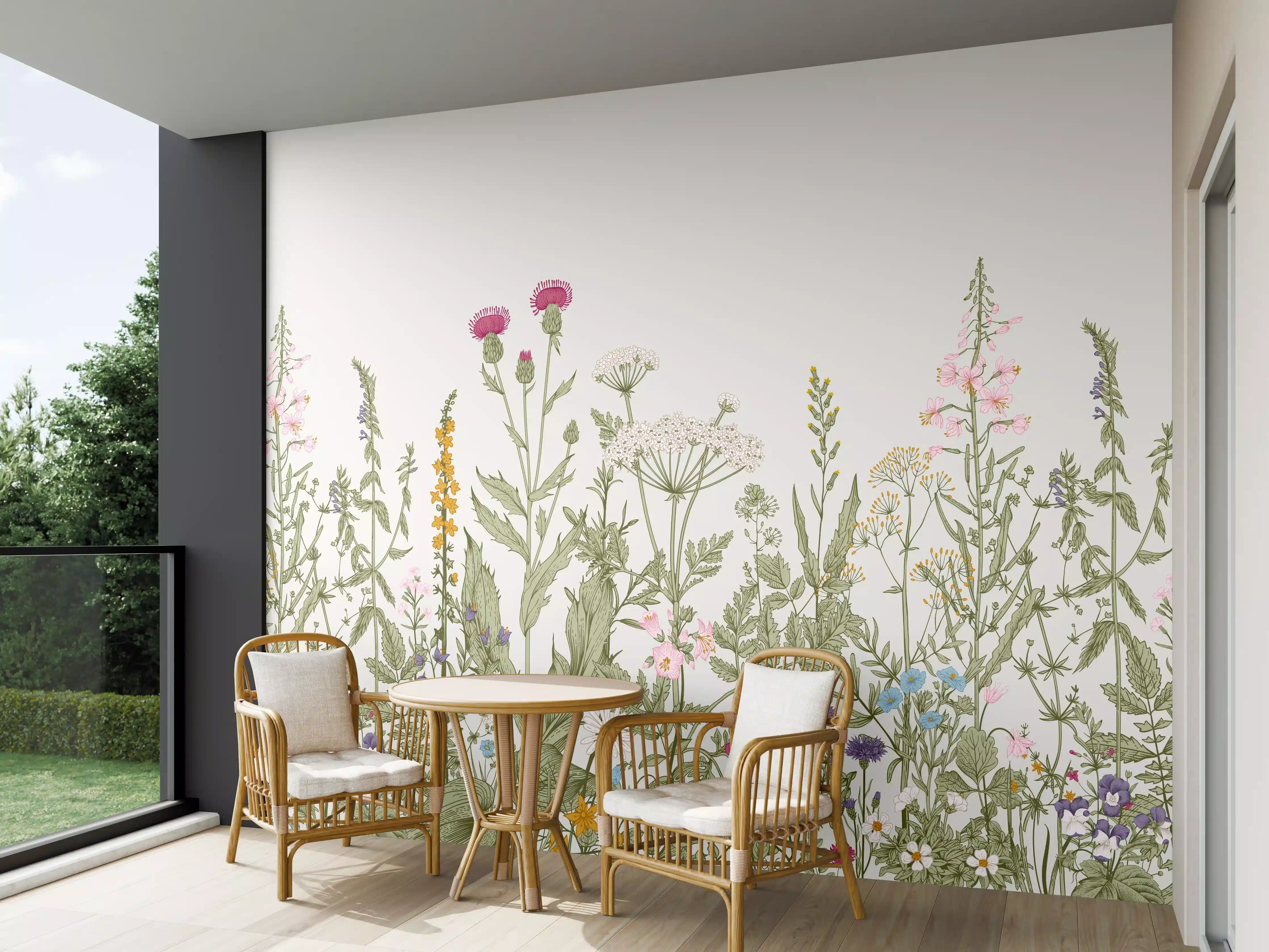 Wandverkleidung außen - Vintage Wiesenblumen Bordüre Beige-Grün