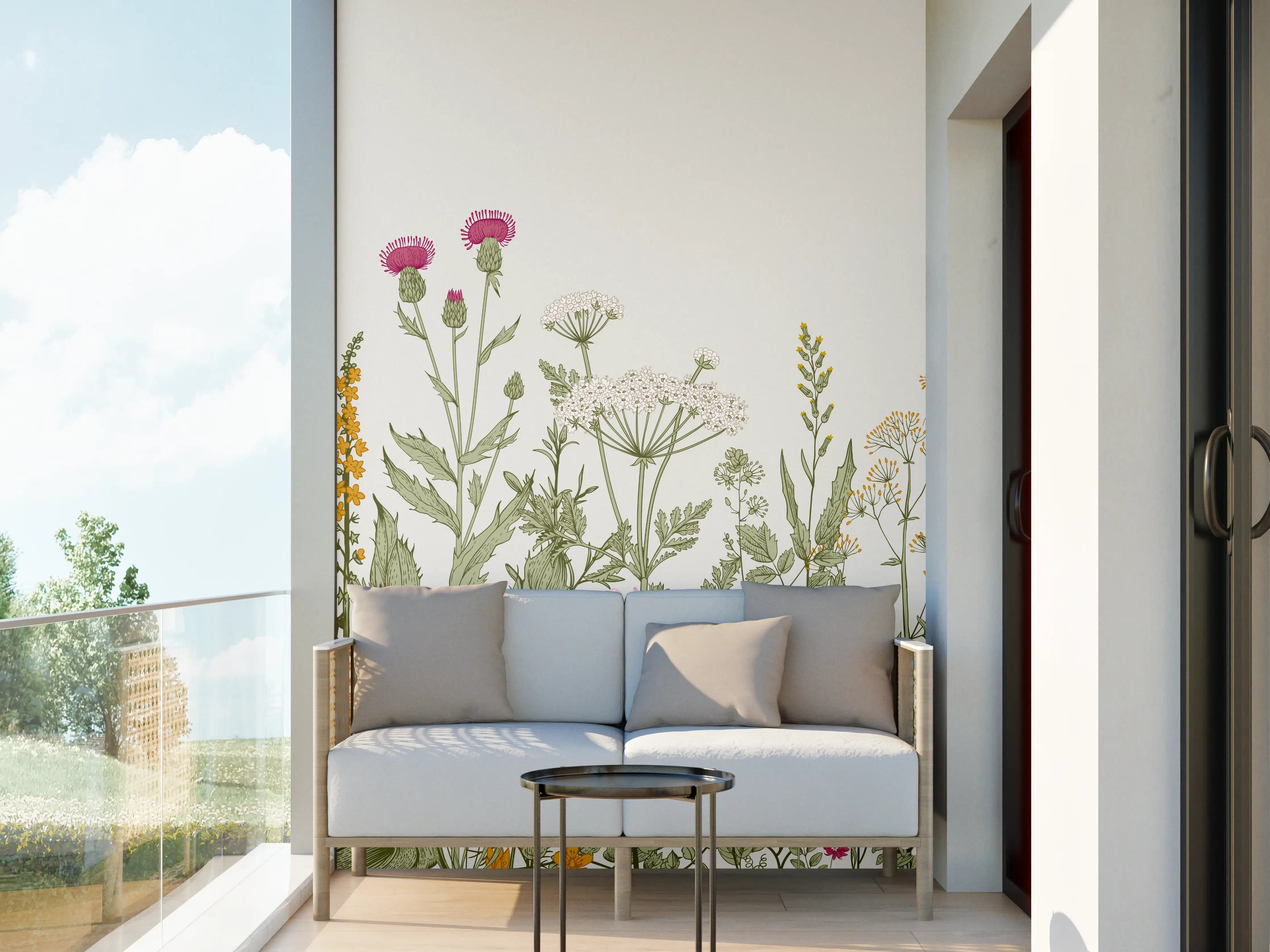 Wandverkleidung außen - Vintage Wiesenblumen Bordüre Beige-Grün