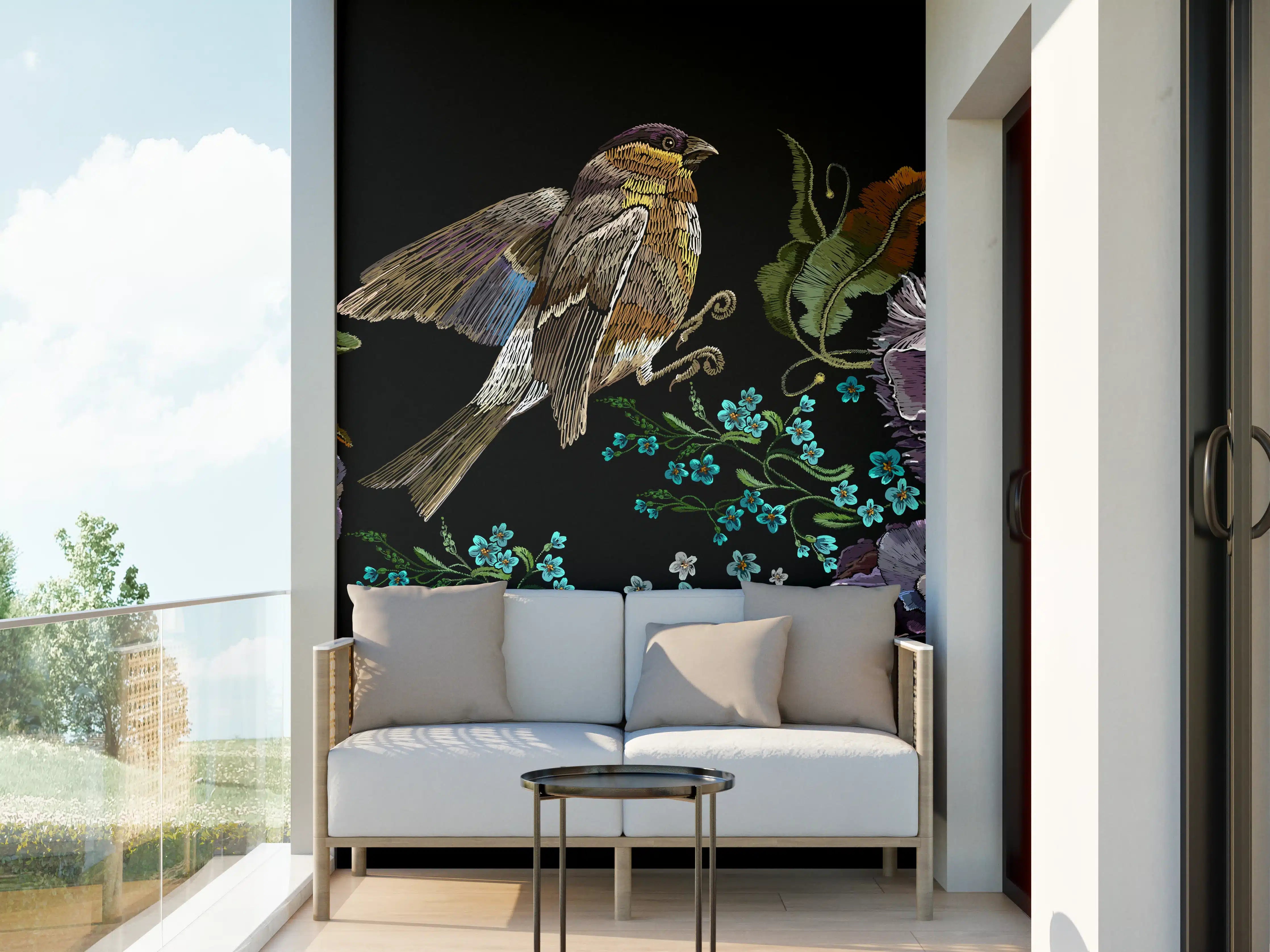 Wandverkleidung außen - Violette Blumen Vogelmuster Stickerei
