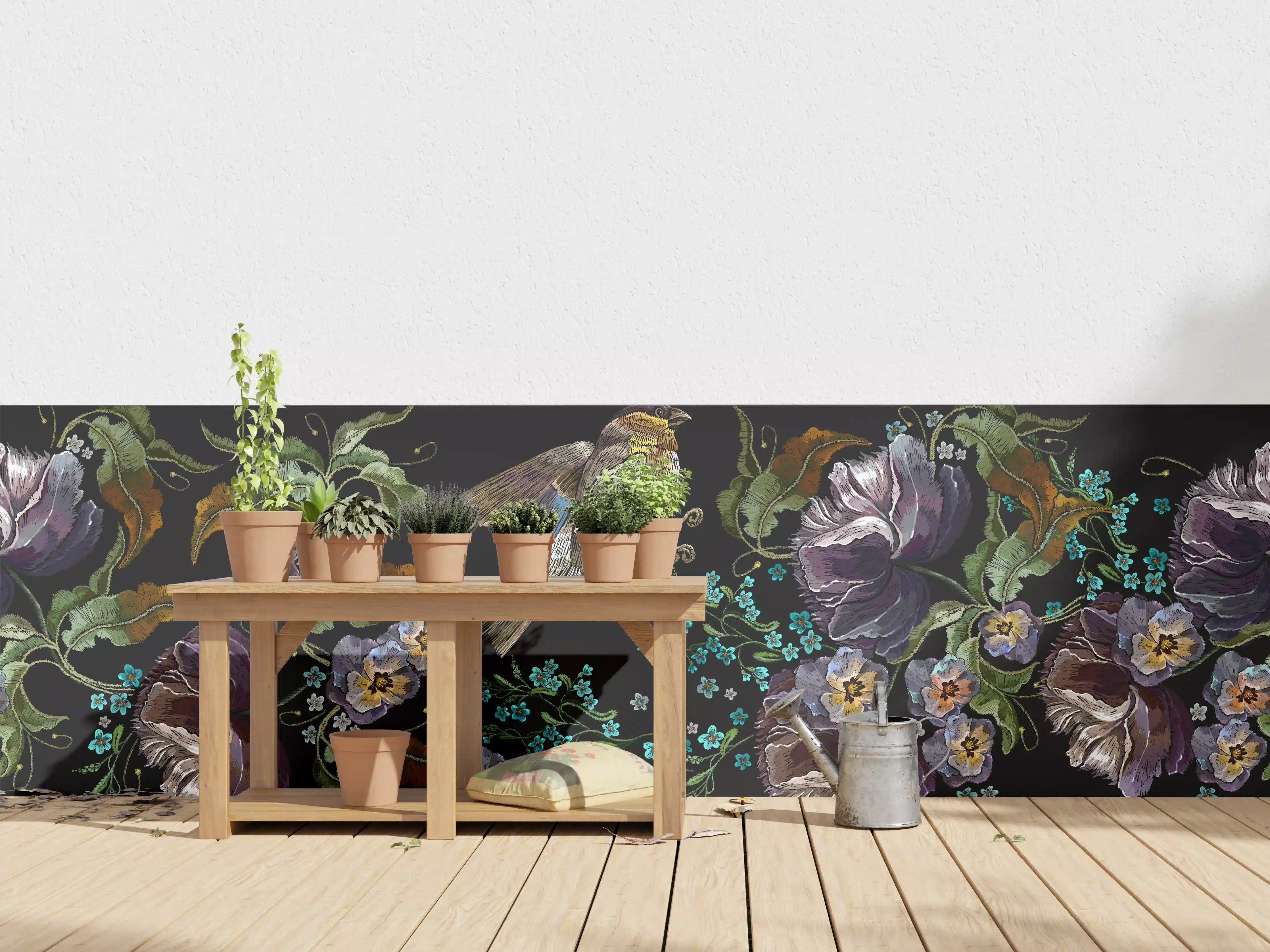 Wandverkleidung außen - Violette Blumen Vogelmuster Stickerei