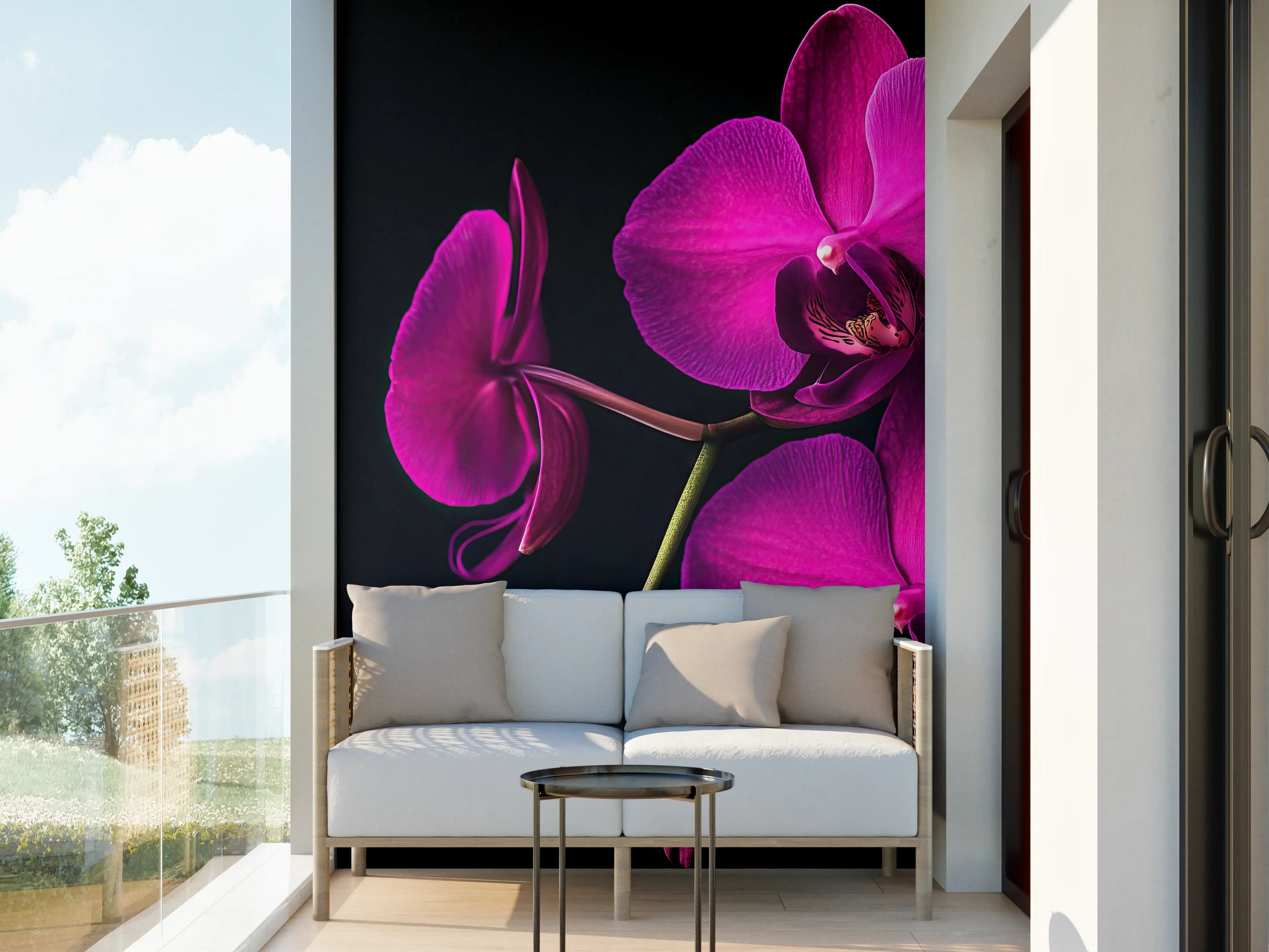 Wandverkleidung außen - Violette Orchideen auf Schwarz