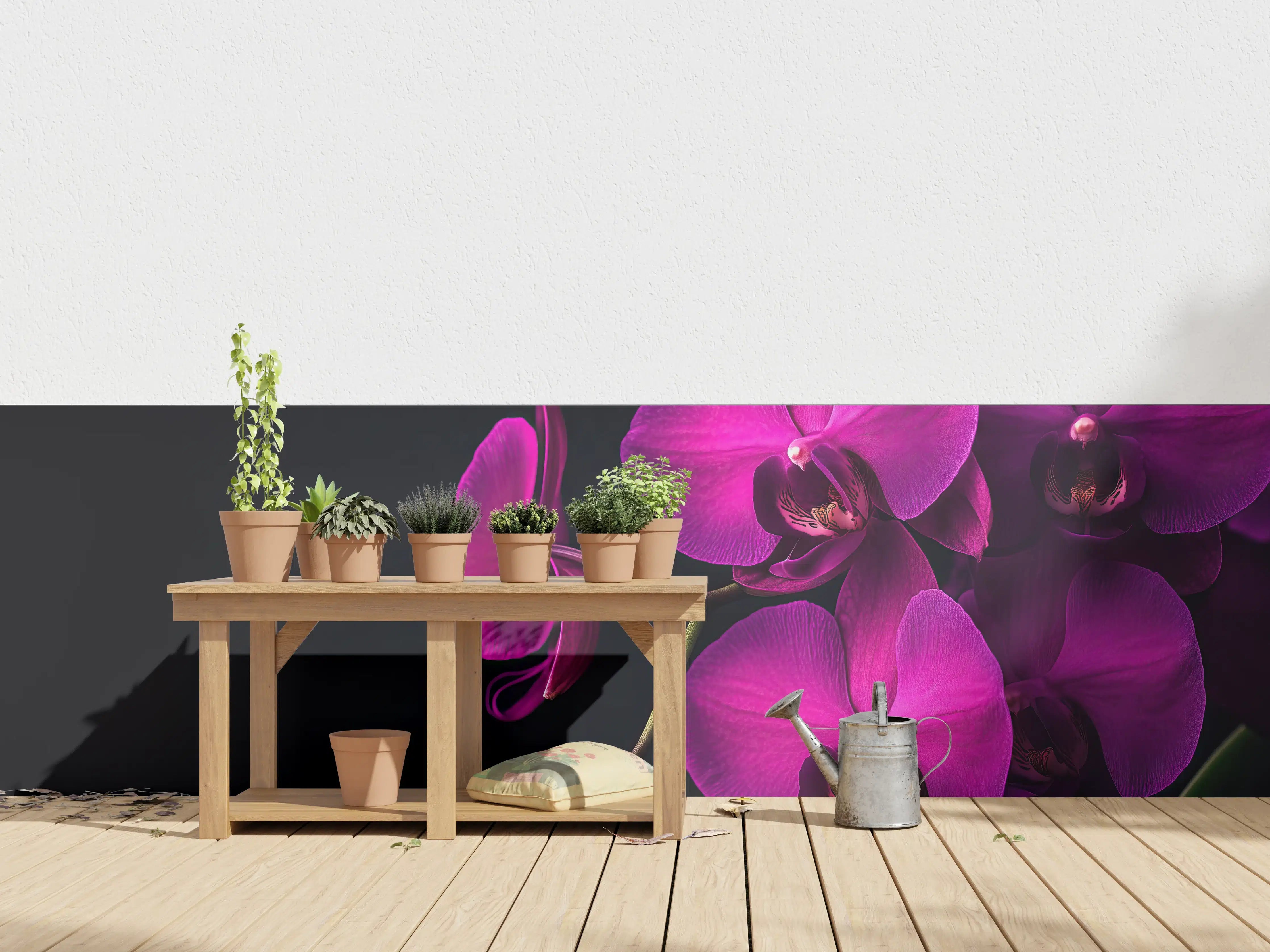 Wandverkleidung außen - Violette Orchideen auf Schwarz