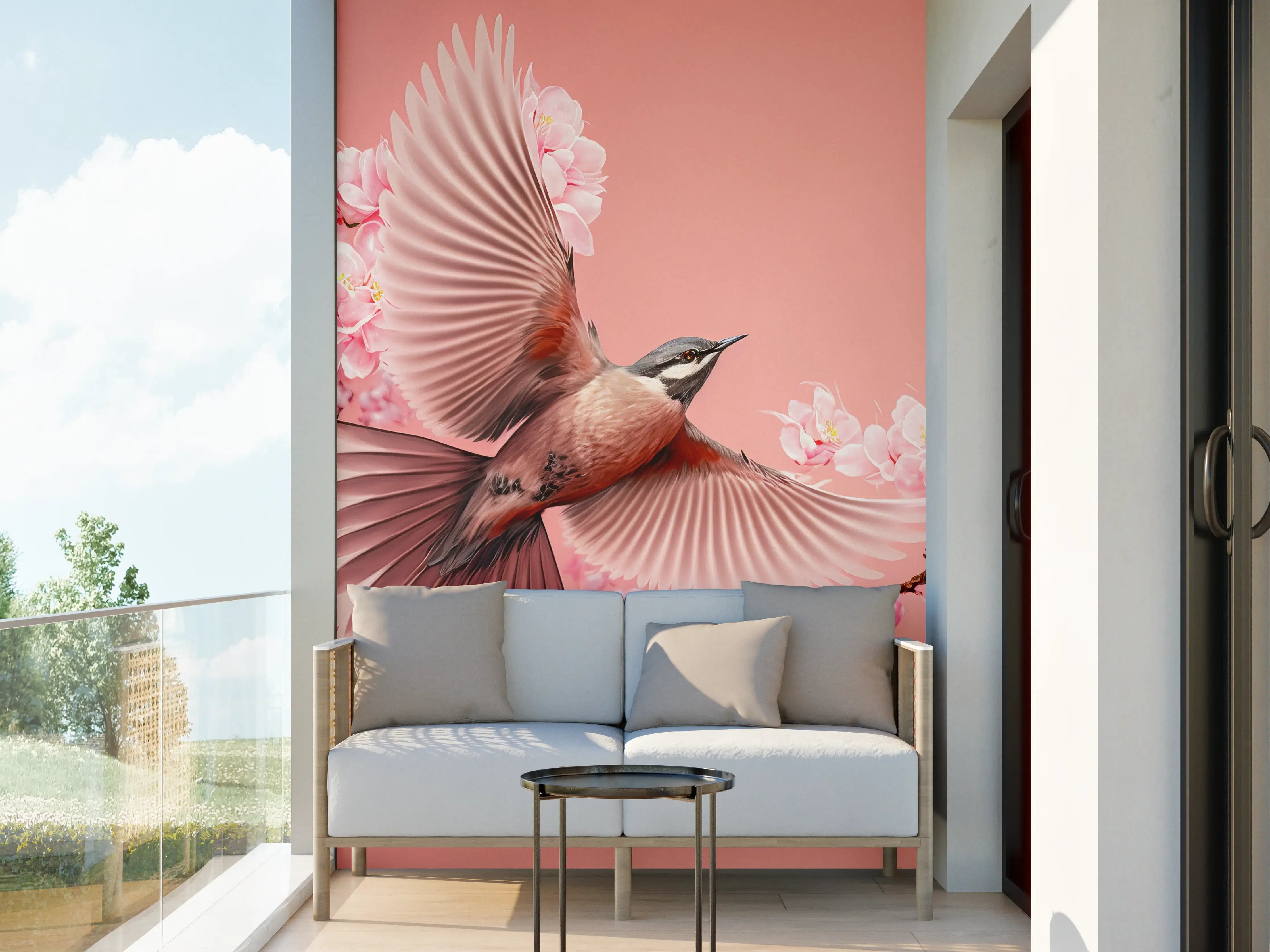 Wandverkleidung außen - Vogel und Kirschblüten Pink