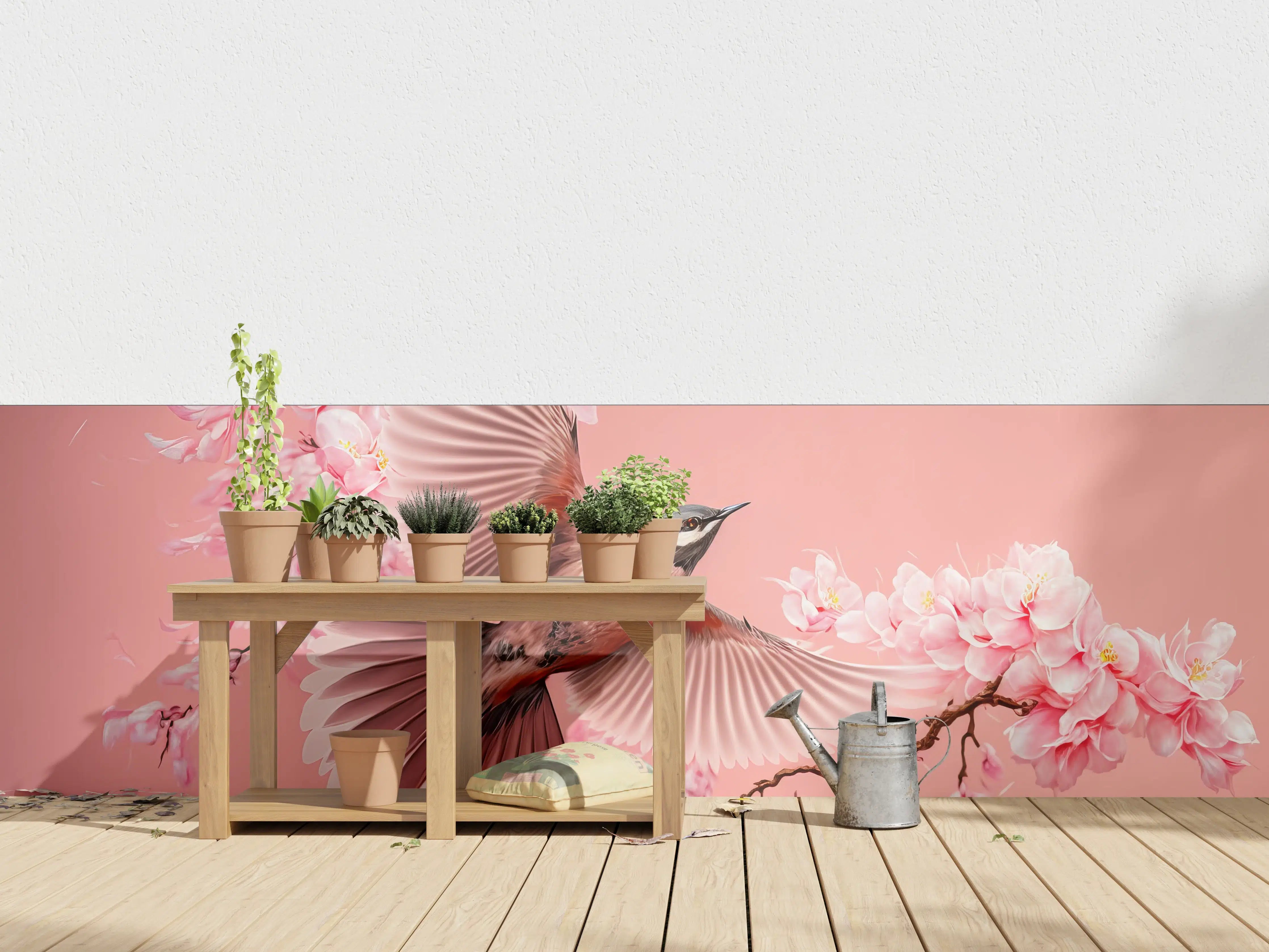 Wandverkleidung außen - Vogel und Kirschblüten Pink