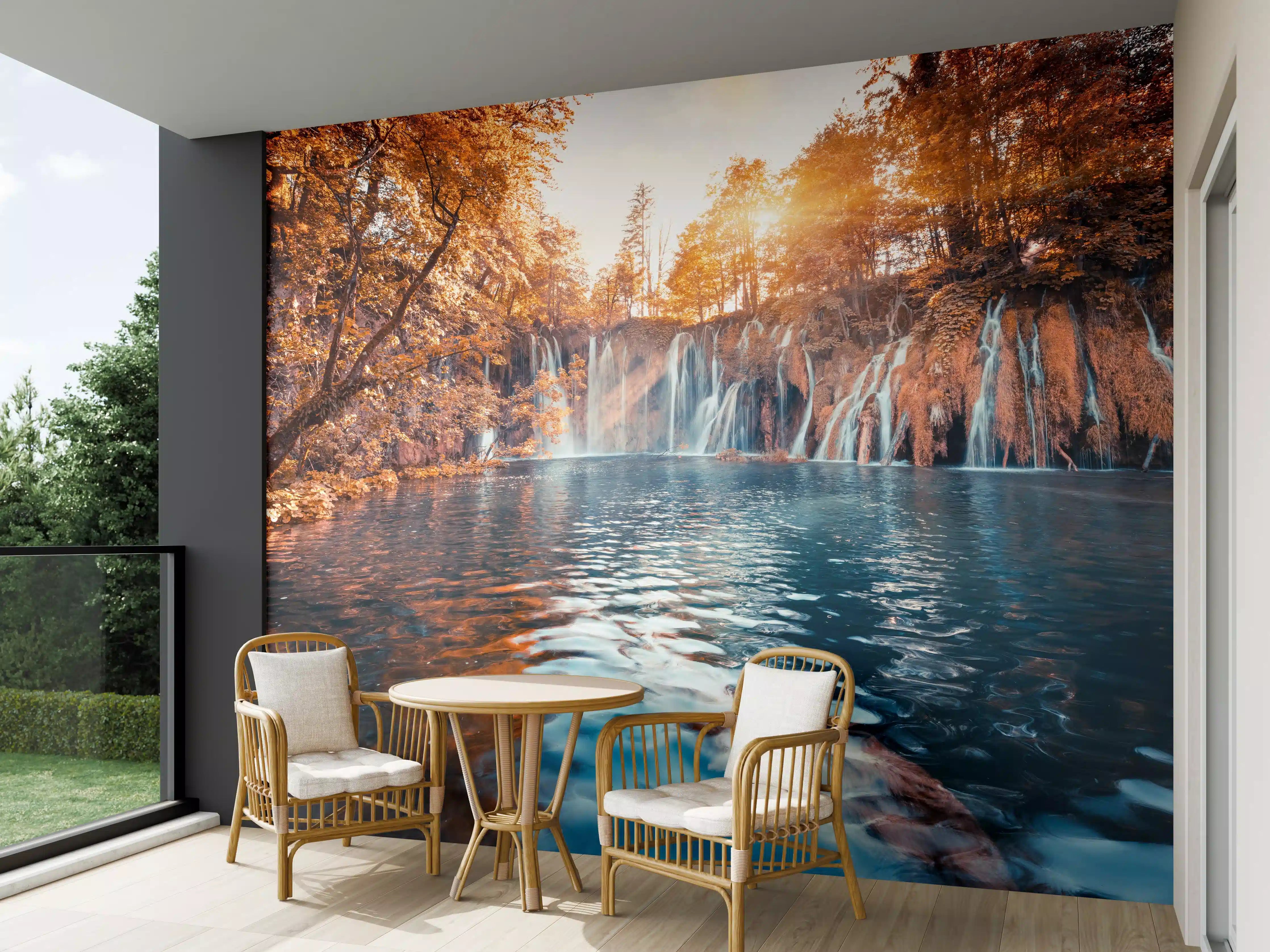 Wandverkleidung außen - Wasserfall in Plitvice Nation bei Sonnenaufgang